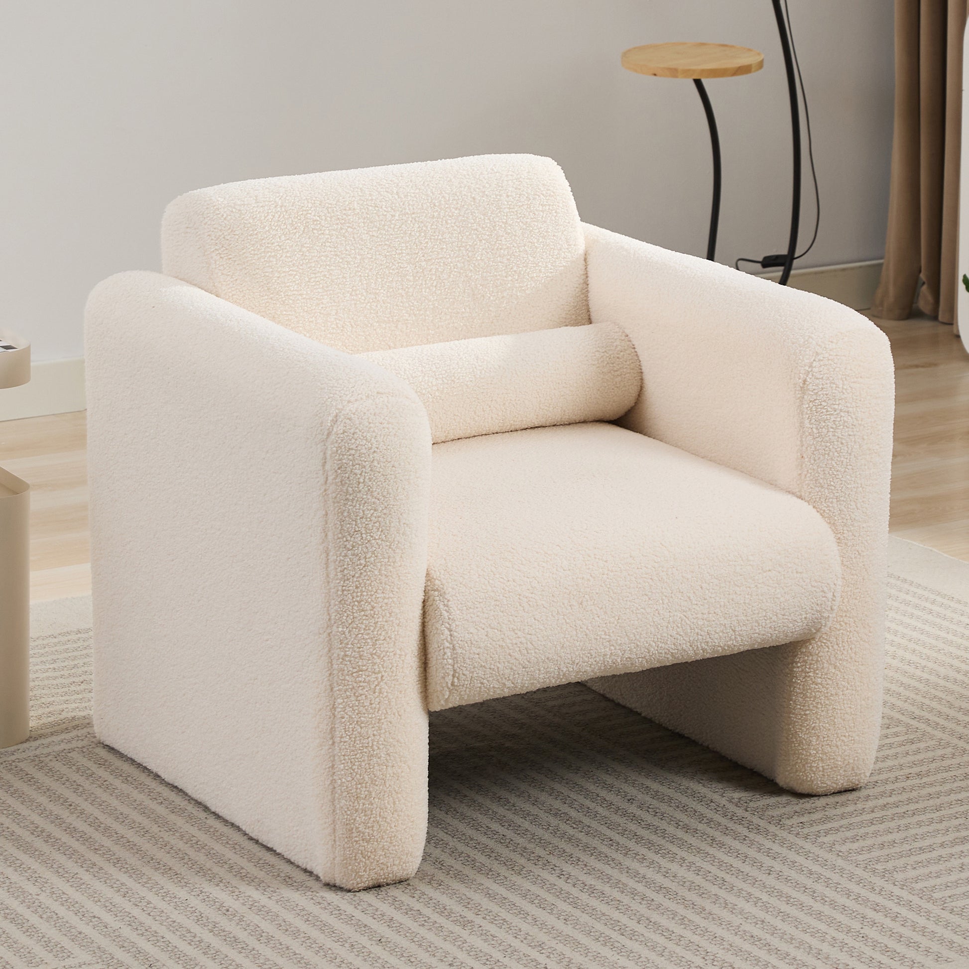 Modern Accent Chair Lambskin Sherpa Fabric Upholstered Comfy Reading Arm Chair Soft Padded Armchair With Back And Pillow For Living Room Bedroom Reception Waiting Room Office, Cream Cream Primary Living Space Upholstered
