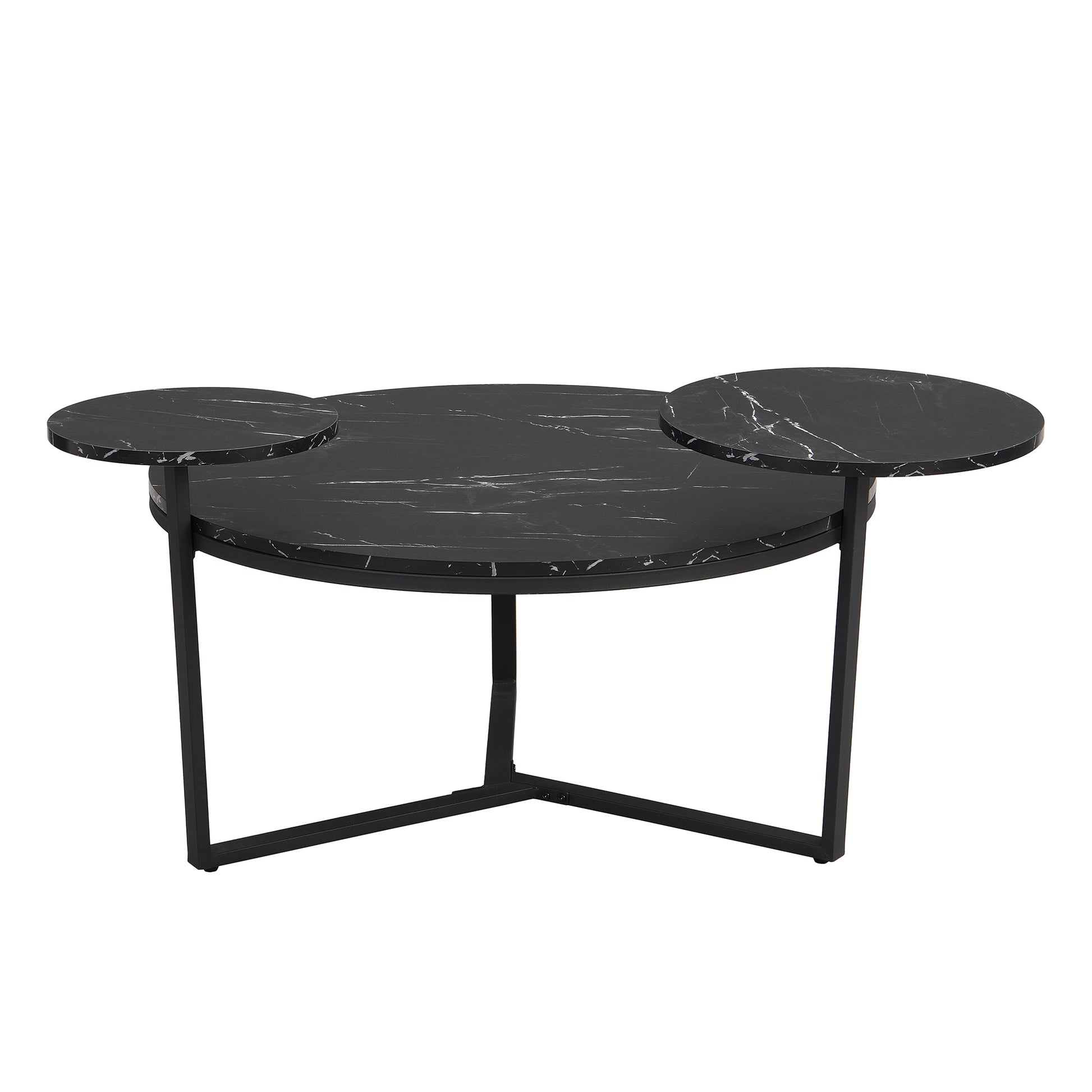 Modern Coffee Table With Two Display Shelves, Black Faux Marble Surfaces, Tripod Inspired Base,Rounded Tabletop Edges Matte Black Mdf