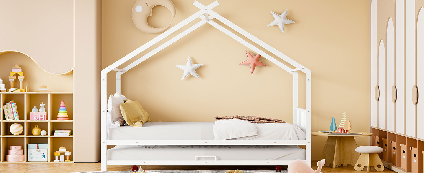 Full Size Metal House Bed With Twin Size Trundle, White Full White Metal