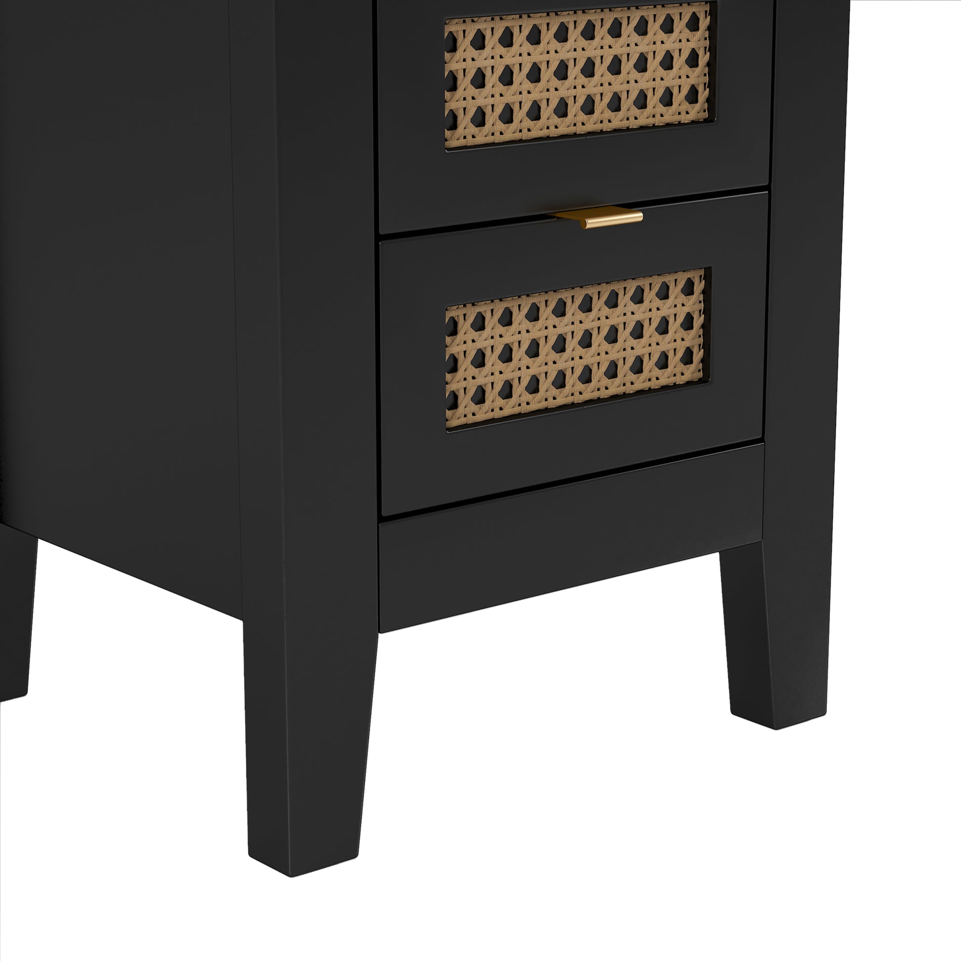 Wooden Nightstands Set Of 2 With Rattan Woven Surfaces And Three Drawers, Exquisite Elegance With Natural Storage Solutions For Bedroom, Black Black Particle Board