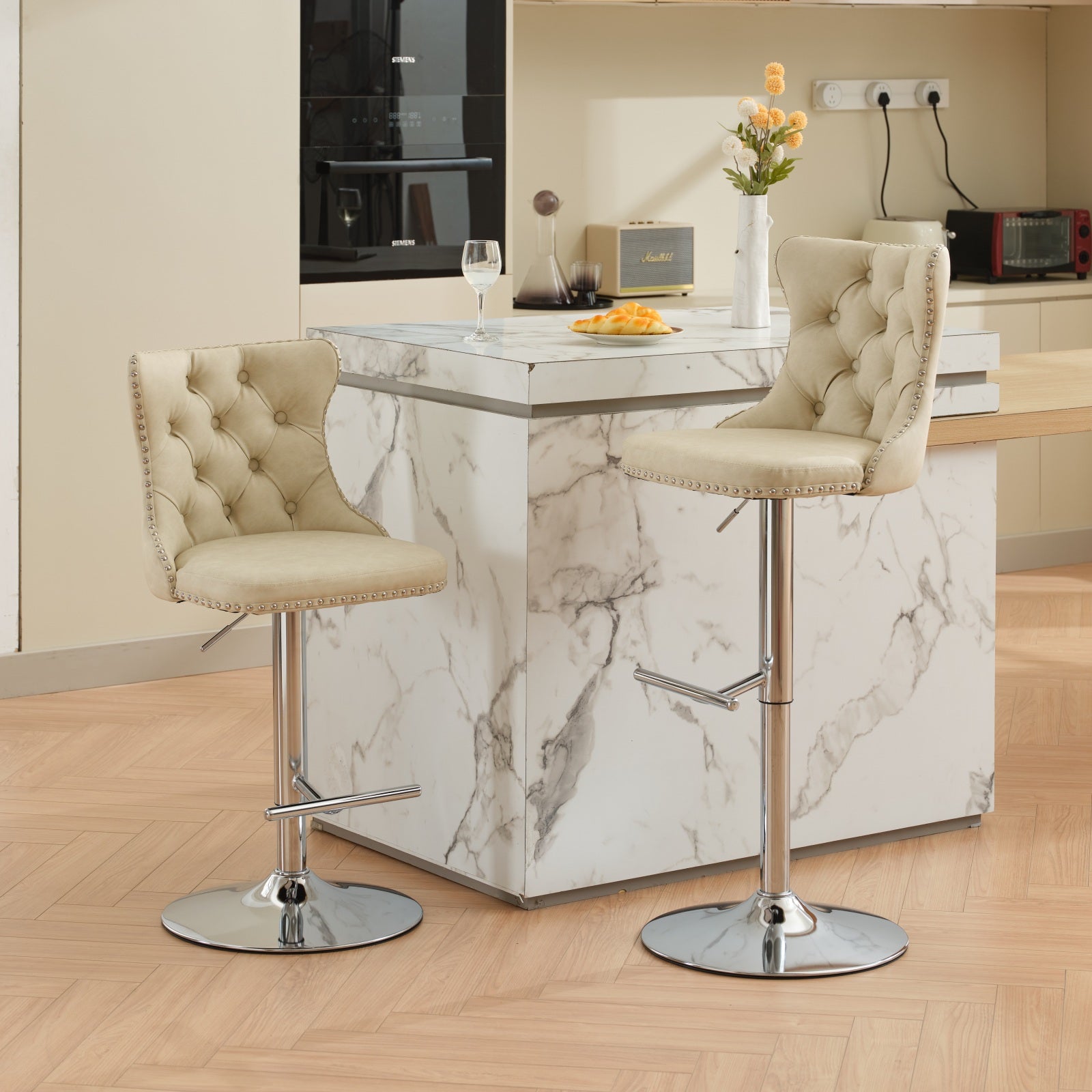 Swivel Pu Leather Barstools Adjusatble Seat Height From 25 33 Inch, Chrome Base Bar Stools With Backs Comfortable Tufted For Home Pub And Kitchen Island, Beige,Set Of 2,1512Bg Beige American Design Bar Stools Wing Back Foam Pu Leather