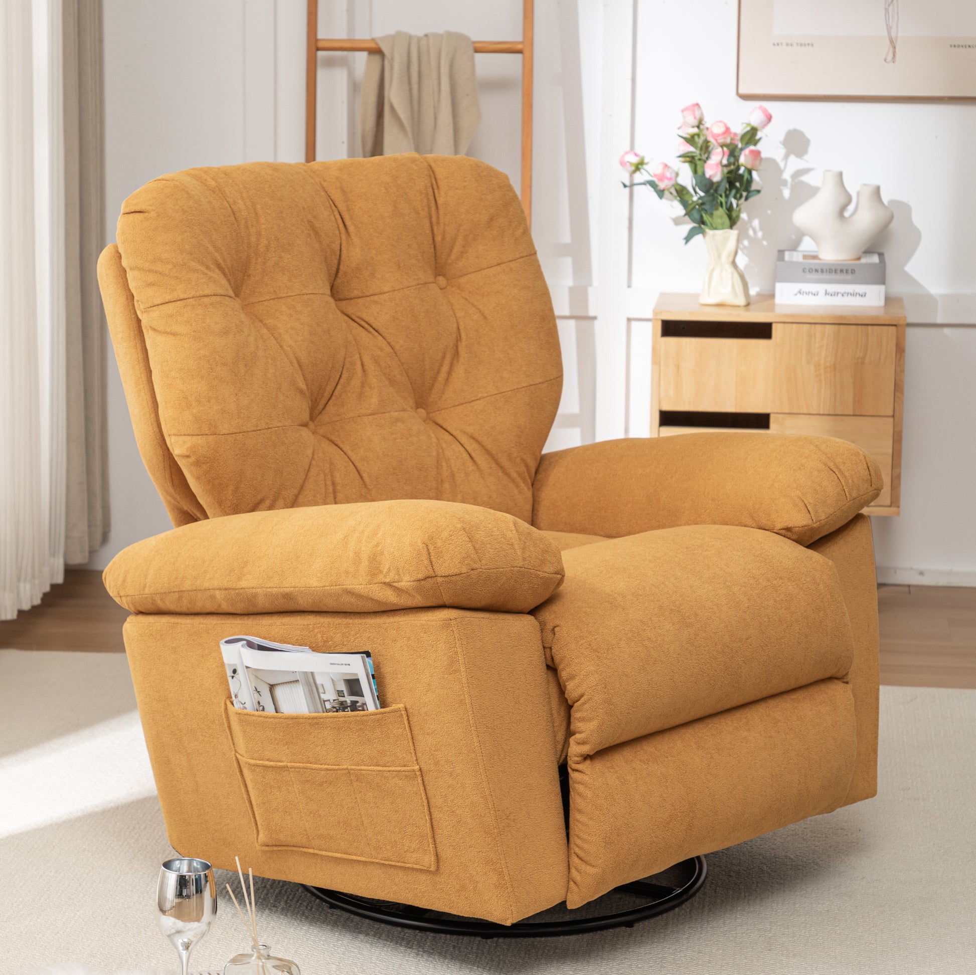 Yellow Relaxing Recliner Chair,Soft Artificial Fleece, Overstuffed, Swivel, Glider, Side Pocket Yellow Manual Push Button Wood Bedroom Medium Soft Tufted Back Heavy Duty Modern Push Button Oak