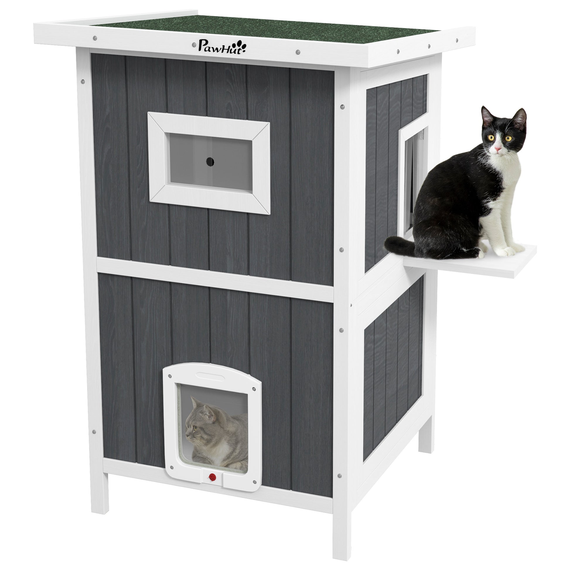 Pawhut Outdoor Cat House, Wooden Cat House 2 Tiers Cat Shelter With Weatherproof Roof, Removable Floor, Escape Doors, For 1 2 Cats, Gray Gray Wood