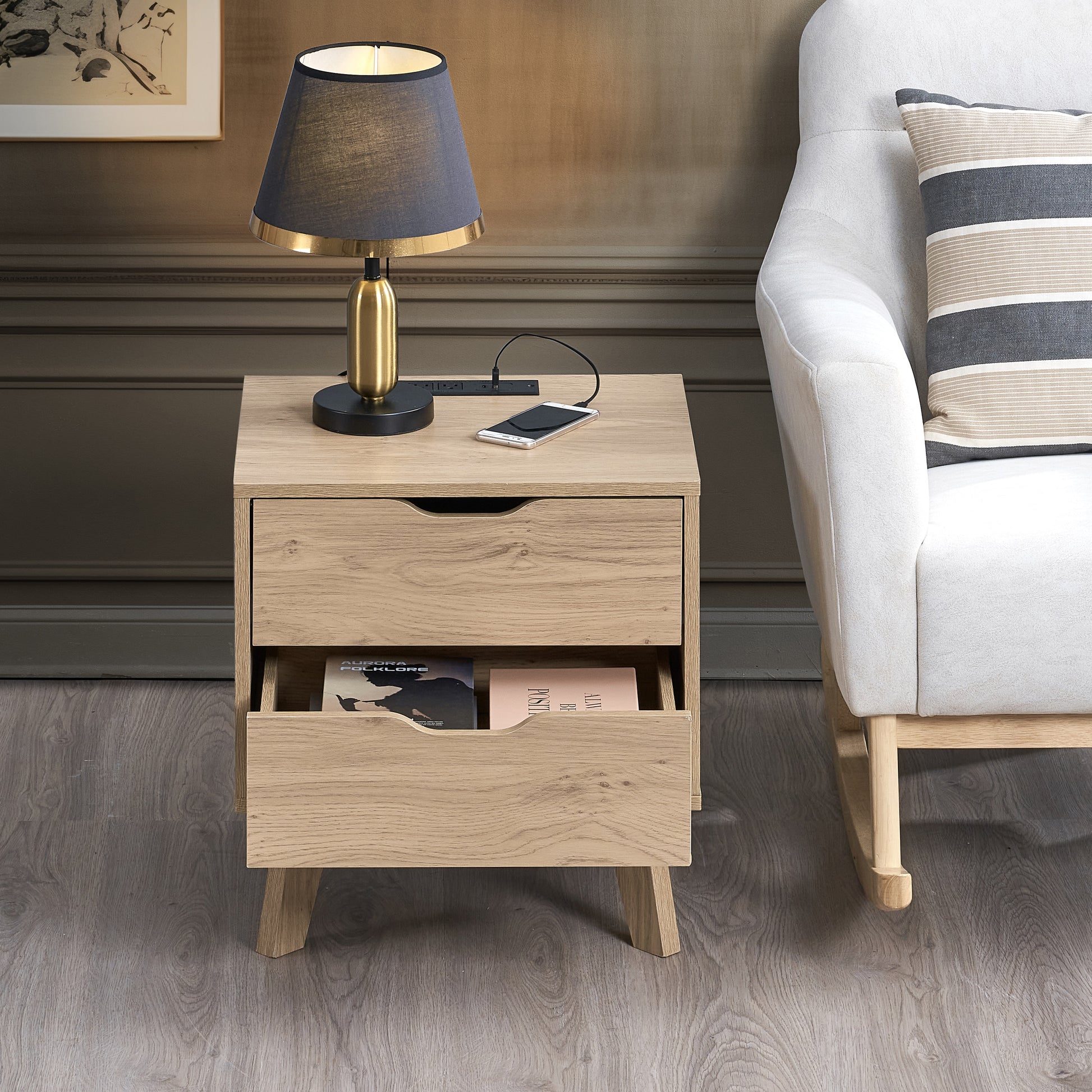 Nordica Night Stand With Charging Station With Usb & Type Cdrawer Slide Pre Assembly, End Table With Drawers For Bedroom Living Room, Side Table For Bedroom, Easy Assembly, Natural Oak Oak 2 Drawers Bedside Cabinet Bedroom American Design,American