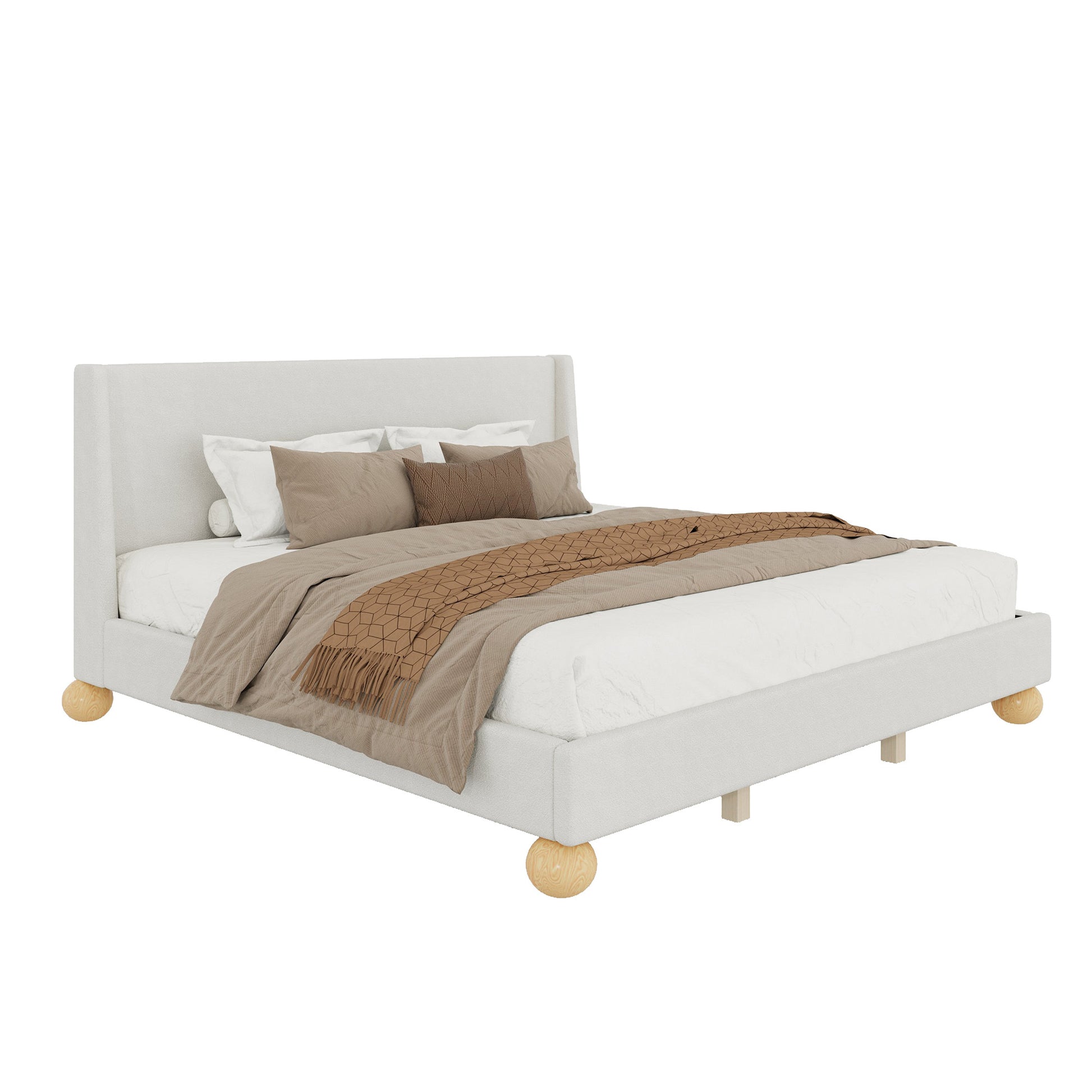 Modern Boucle Upholstered Platform Bed With Wingback Headboard And Round Wooden Legs, Beige,King Size Box Spring Not Required King Beige Wood Bedroom Modern Bed Frame Boucle Wood