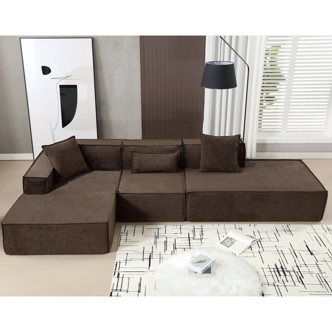 Modular Combination Living Room Sofa Set, Modern Minimalist Sofa, Free Installation Sofa, L Shaped, Italian Minimalist Tofu Block Sofa, Left Hand Facing,Terrycloth Fabric,Dark Brown Dark Brown Polyester Primary Living Space Soft Modern Polyester 3 Seat