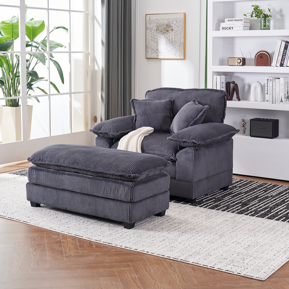 56.3 Inch Corduroy Single Sofa With 2 Toss Pillows And A Ottoman ,Comf