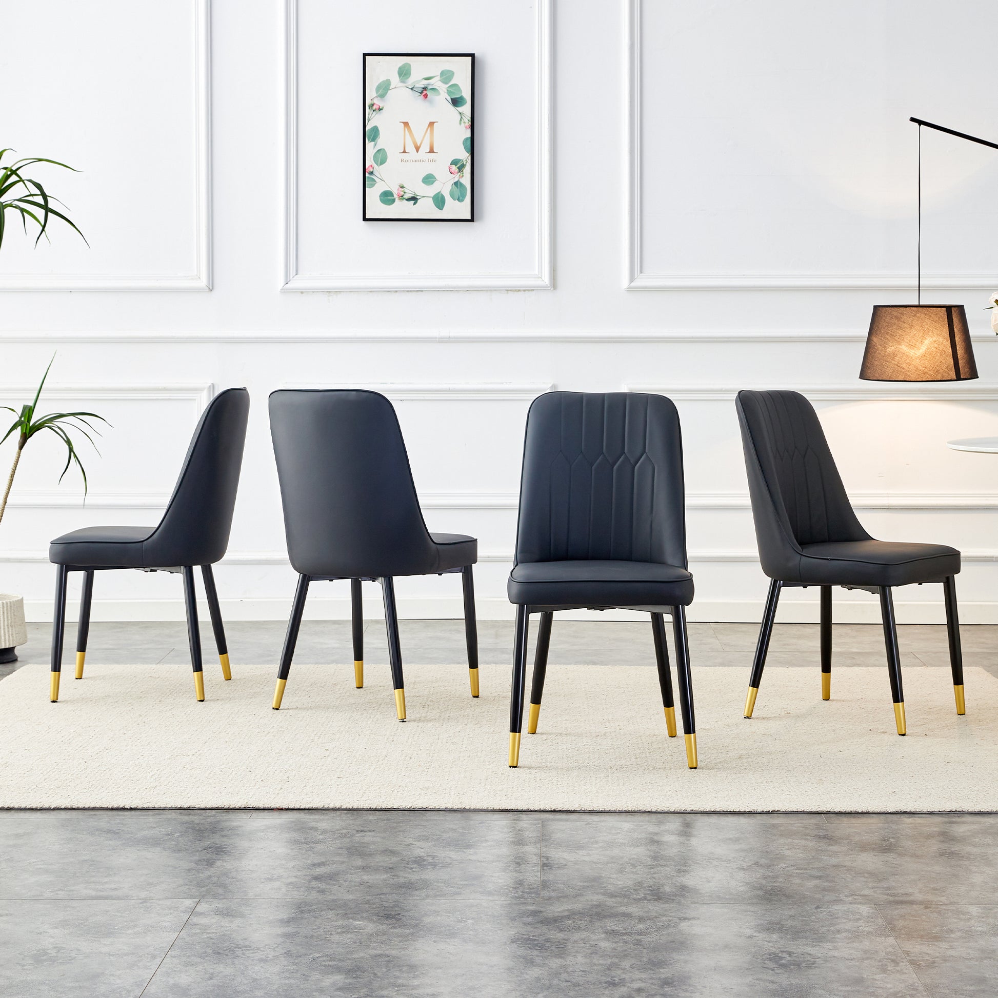 Large Modern Minimalist Rectangular Dining Table With 0.39 "Imitation Marble Black Tabletop And Golden Metal Legs, Paired With Chairs With Pu Cushions And Black Metal Legs. F 1537 C 007 Black Gold Glass Metal