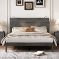 Farmhouse Wooden Platform Queen Size Bed, Modern Platform Bed With Two Bedside Lights, Antique Gray Queen Antique Gray Wood