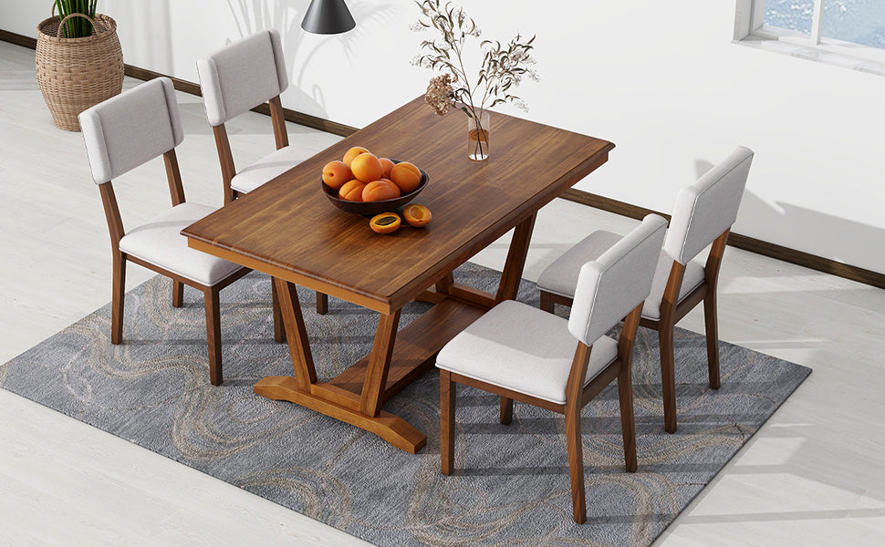 Rustic 5 Piece Dining Table Set With 4 Upholstered Chairs, 59 Inch Rectangular Dining Table With Trestle Table Base, Walnut Wood Dining Room Solid Wood Rubberwood Rectangular Dining Table With Chair