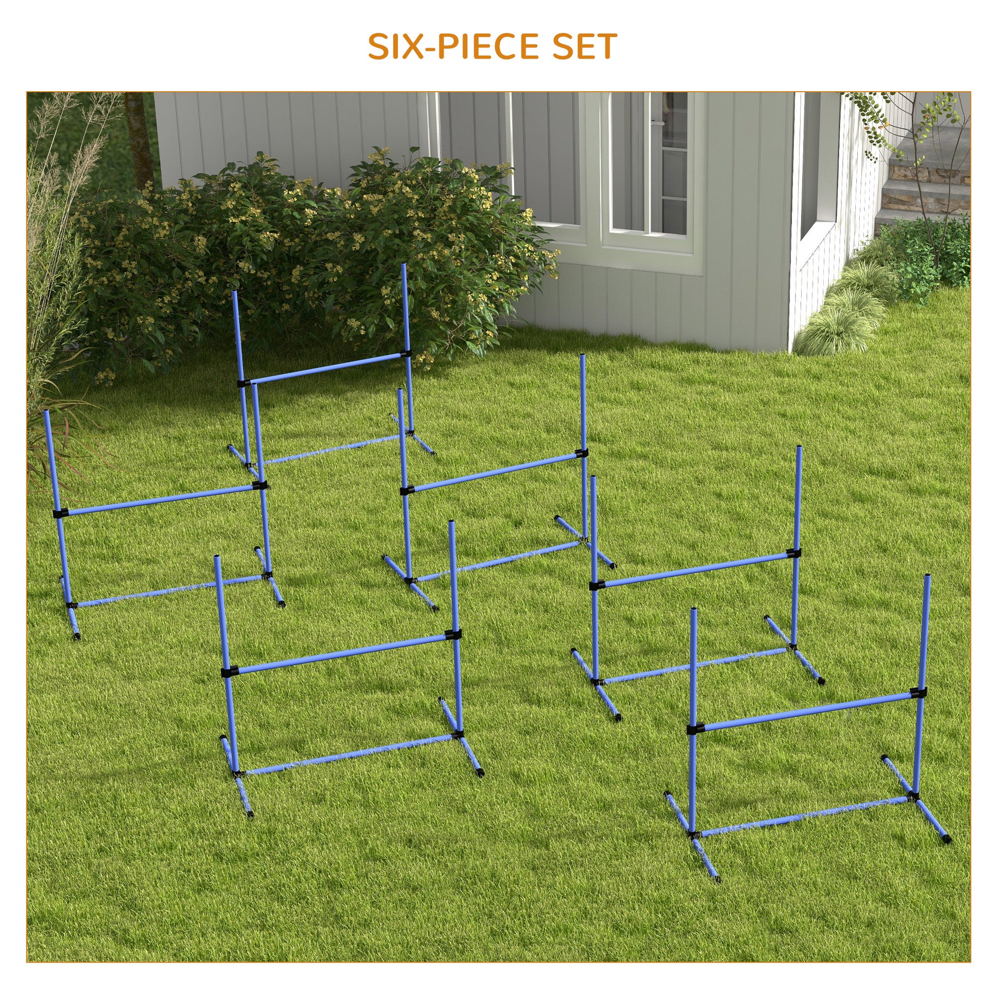 Pawhut 6 Piece Dog Agility Training Equipment For Dog Agility Course With Adjustable Height Jump Bars, Included Carry Bag, & Displacing Top Bar, Blue Blue Plastic