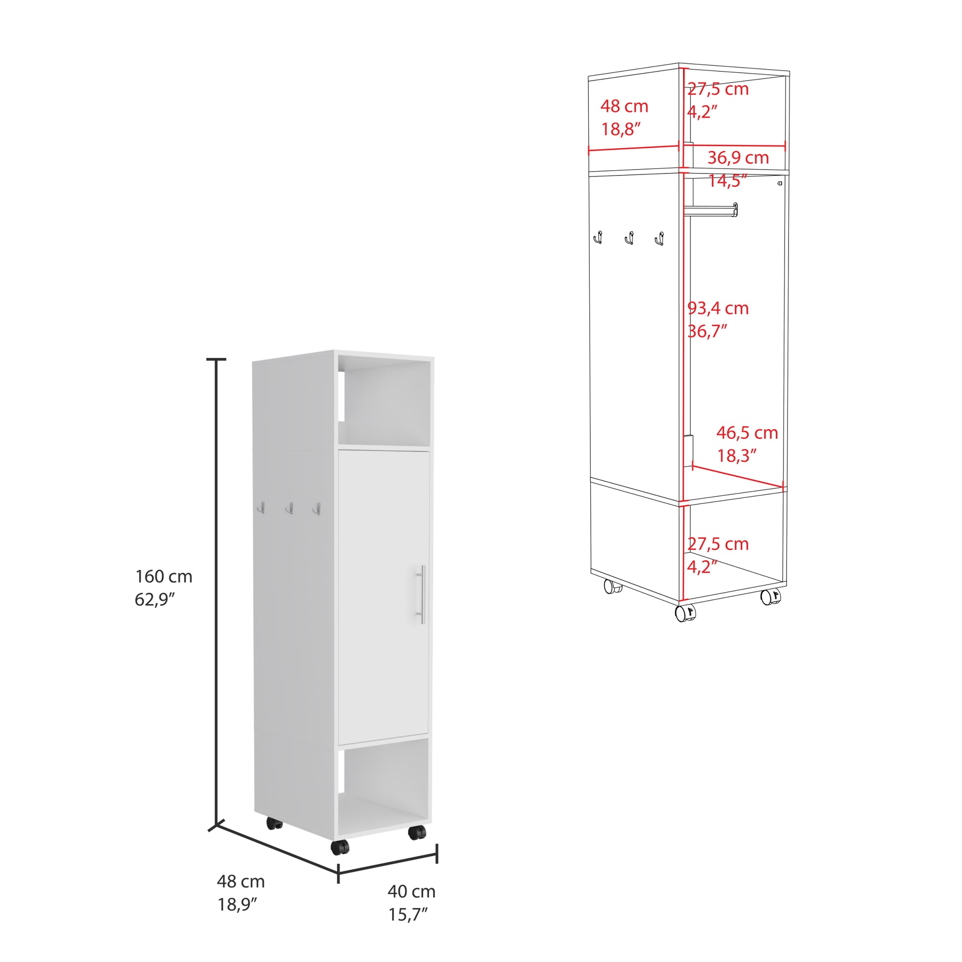 Cluster 63" Tall Wardrove One Door Cabinet With Mirror, Three Shelves, Casters And Hanging Rod, Armoire, Bedroom Clothes Storage, Cabinet Organizer White Particle Board