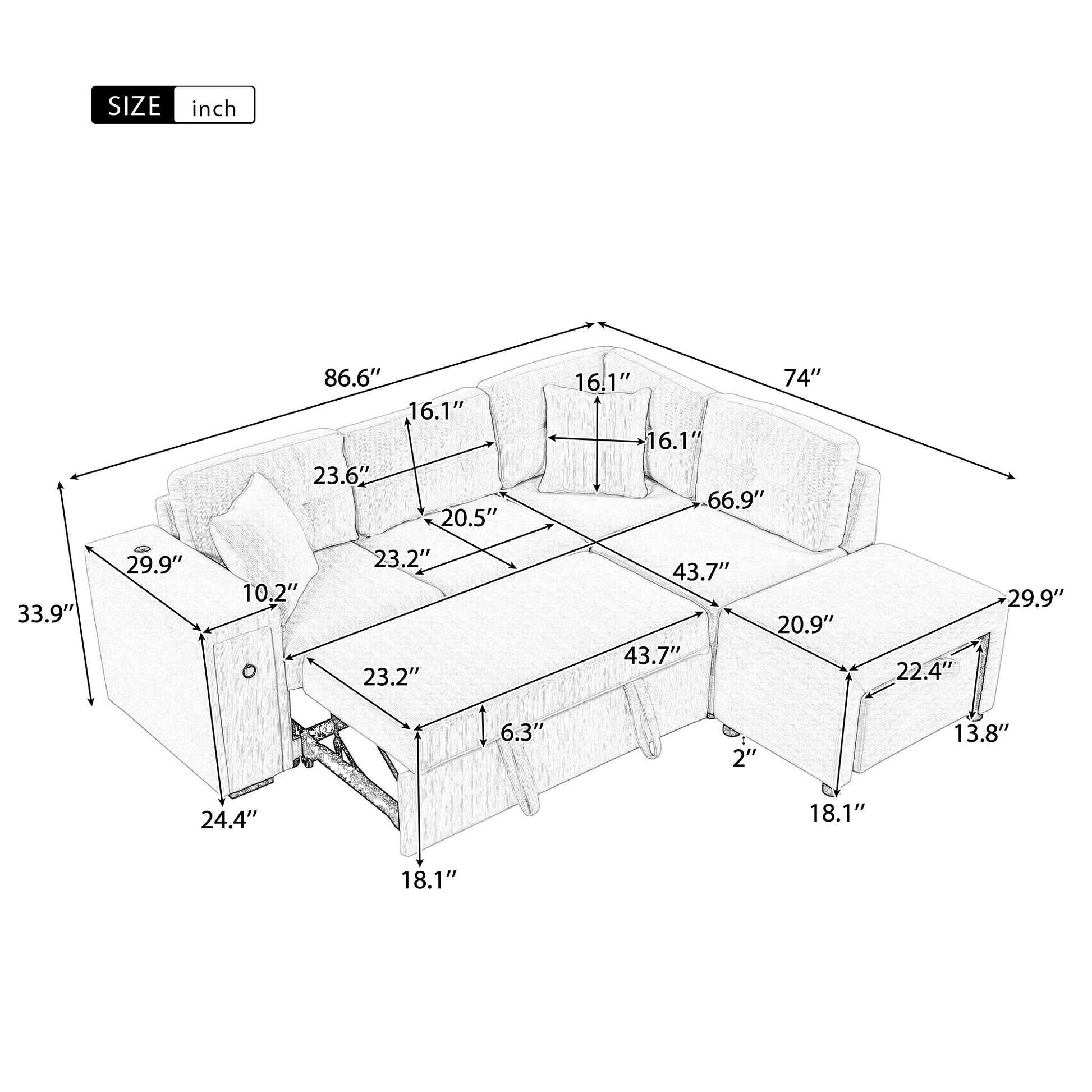 86.6" Sectional Sofa L Shaped Sofa Couch Pull Out Sofa Bed With A Movable Ottoman, Two Usb Ports And Two Cup Holders For Living Room, Beige Beige Foam Chenille 4 Seat