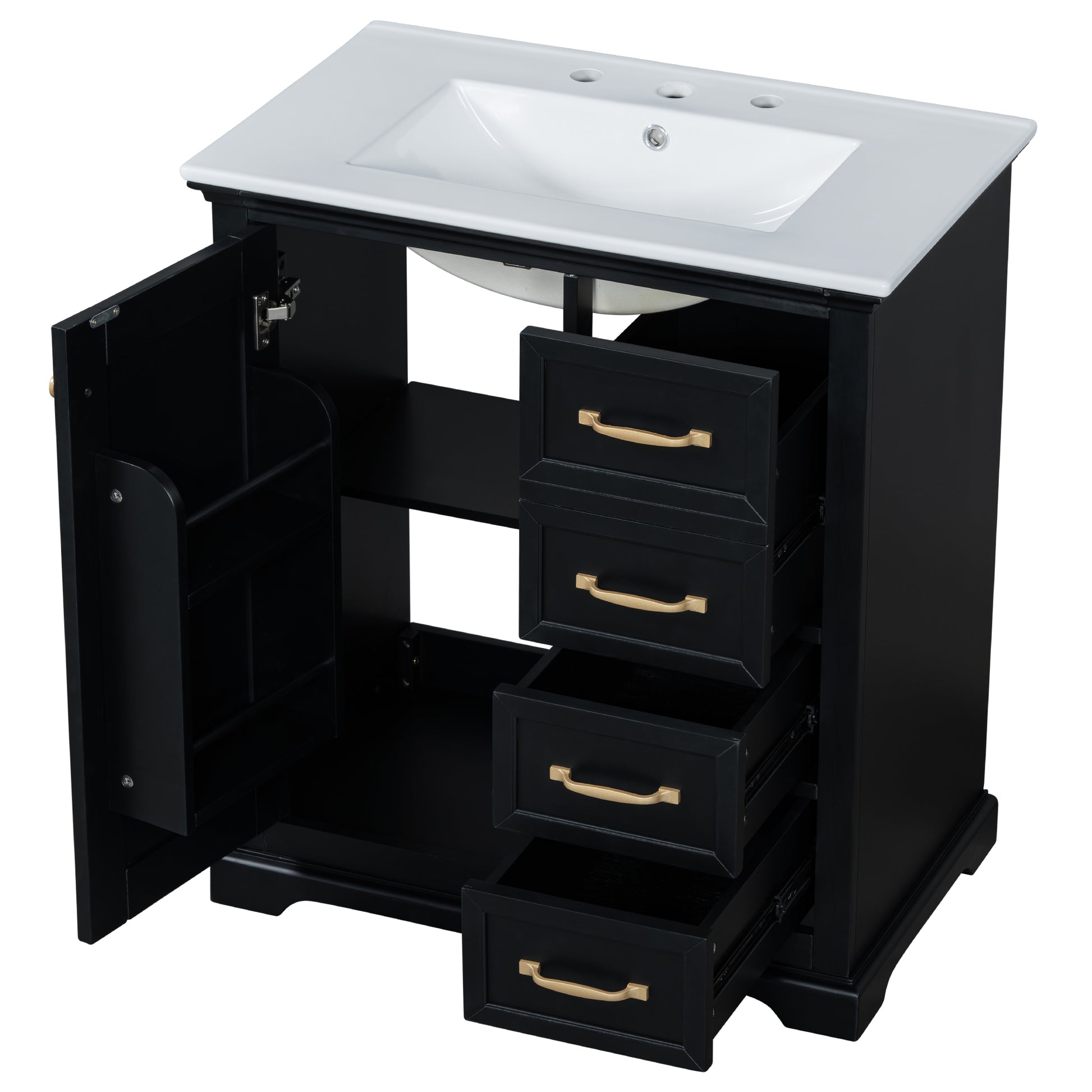 30" Bathroom Vanity With Sink, One Package, Black Bathroom Cabinet With Drawers, Solid Frame And Mdf Board Black Solid Wood Mdf