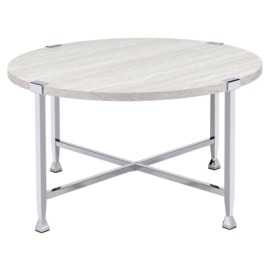 White Oak And Chrome Round Coffee Table Oak Silver Primary Living Space Industrial Round Wood Metal