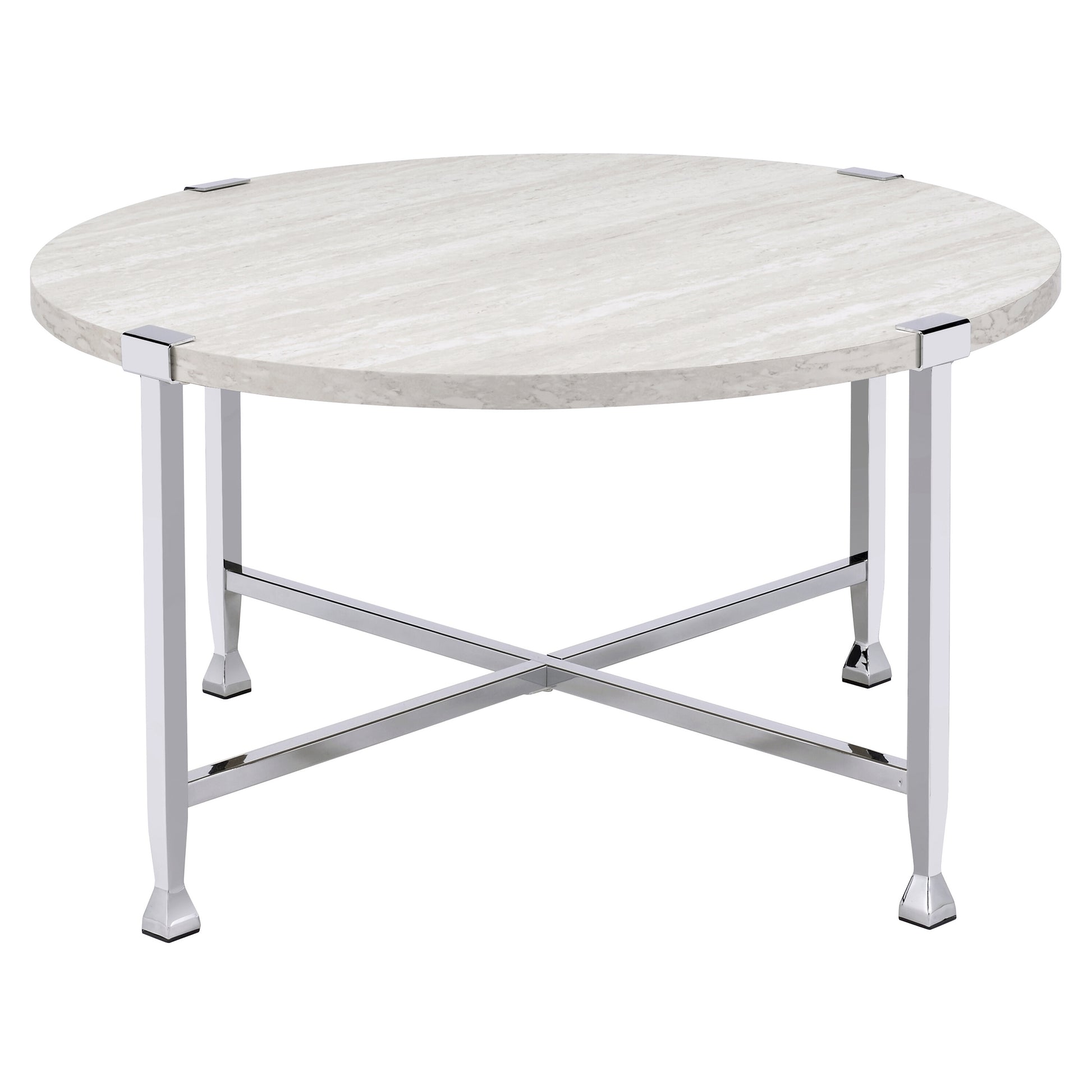 White Oak And Chrome Round Coffee Table Oak Silver Primary Living Space Industrial Round Wood Metal