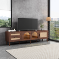 Rattan Tv Stand With 3 Cabinets & 2 Drawers, Rattan Inspired Media Console Table For Tvs Up To 80'', Led Light Entertainment Center, Tv Cabinet For Living Room, Bedroom, Home Theatre Dark Brown