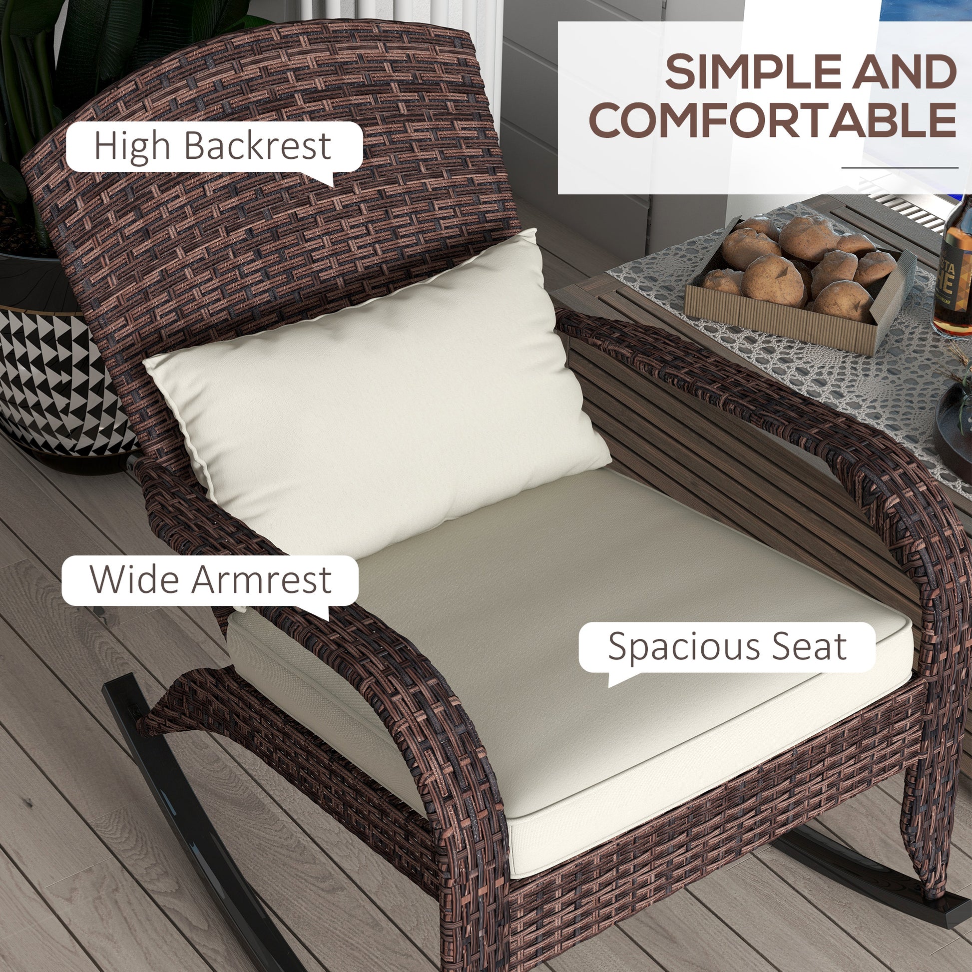 Outsunny Outdoor Wicker Adirondack Rocking Chair, Patio Rattan Rocker Chair With High Back, Seat Cushion, And Pillow For Garden, Porch, Balcony, Cream White White Rattan