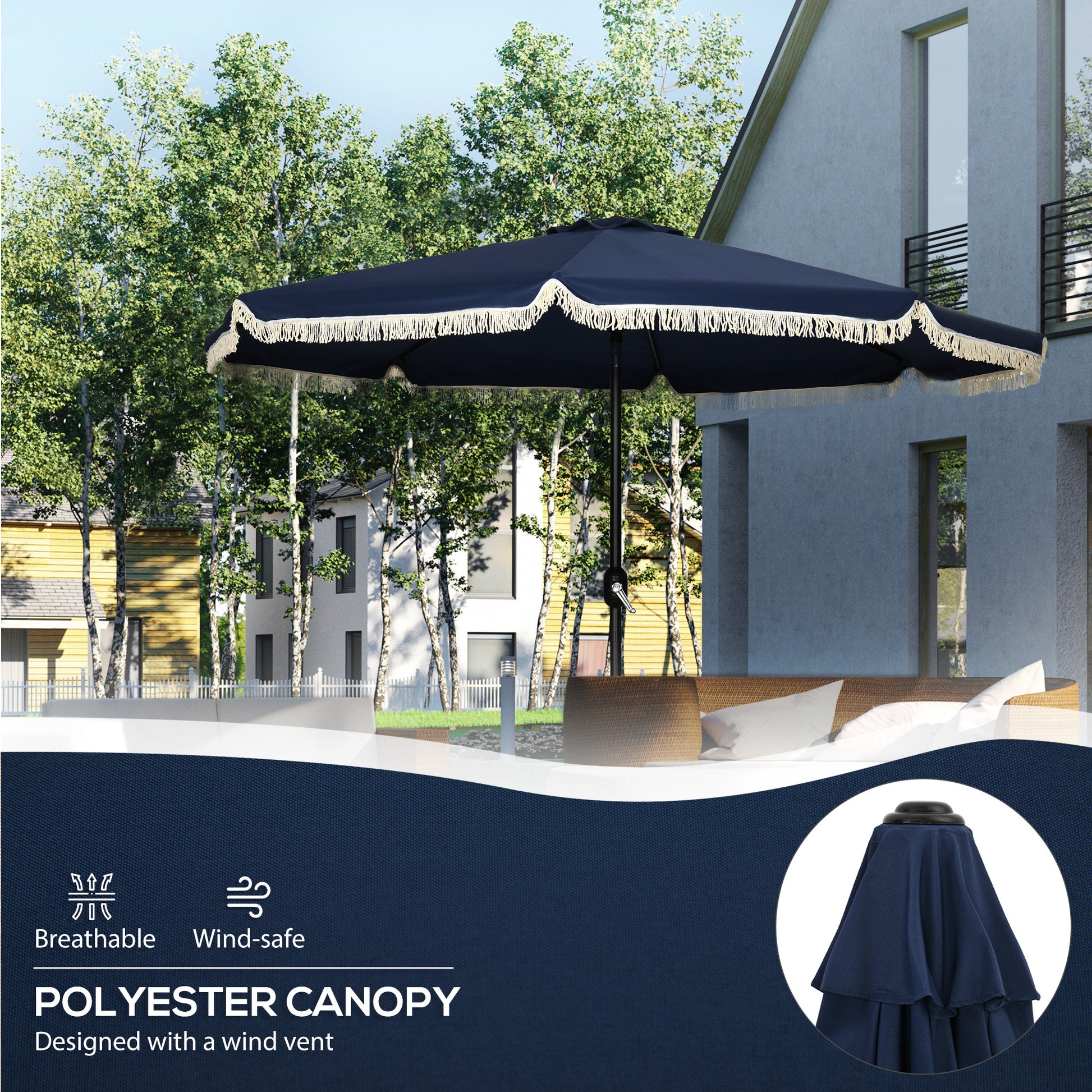 Outsunny 9Ft Patio Umbrella With Push Button Tilt And Crank, Ruffled Outdoor Market Table Umbrella With Tassles And 8 Ribs, For Garden, Deck, Pool, Dark Blue Dark Blue Polyester