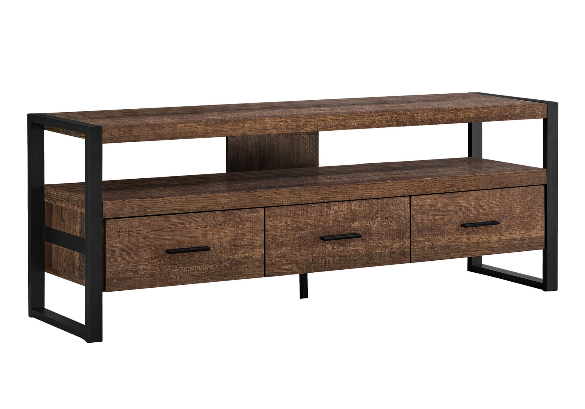 Tv Stand, 60 Inch, Console, Media Entertainment Center, Storage Drawers, Living Room, Bedroom, Brown Laminate, Black Metal, Contemporary, Modern Brown 80 89 Inches Particle Board