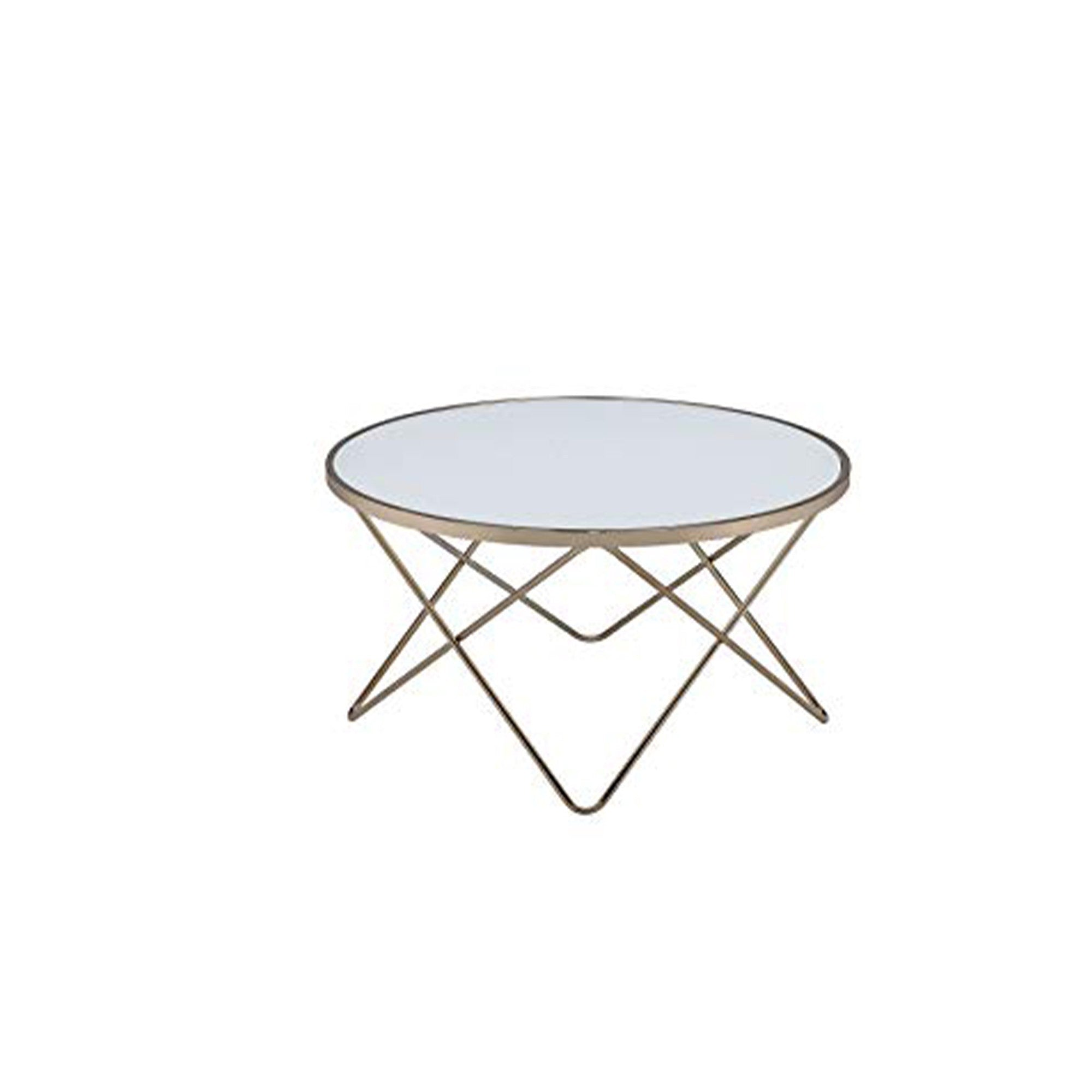 Contemporary Style Round Glass And Metal Coffee Table, White And Gold White Gold Glass Metal