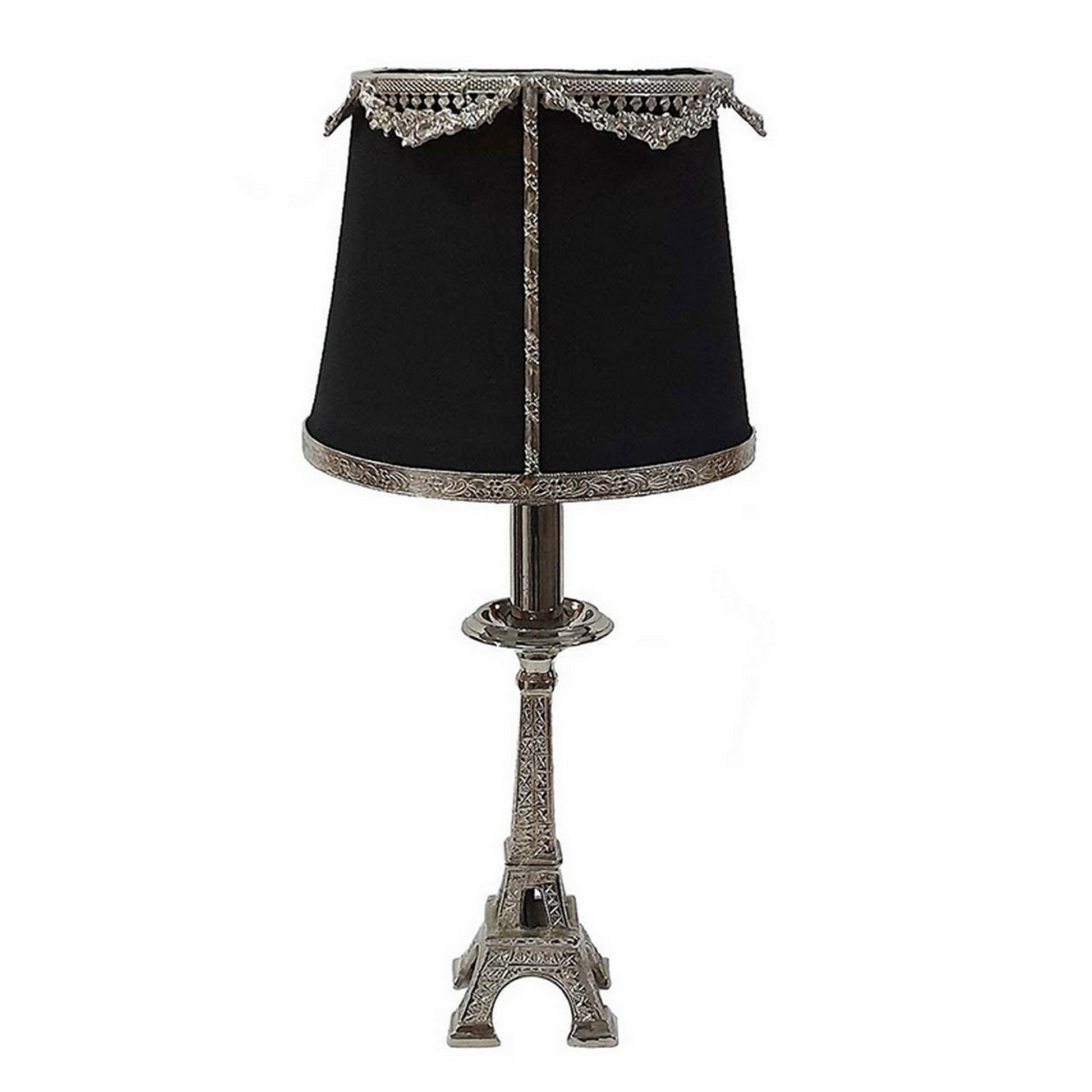 14 Inch Table Lamp, Metal Trimmed Shade, Nickel Finish, Eiffel Tower Base Black And Silver Aluminium