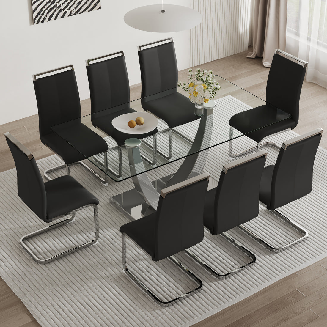 Table And Chair Set. Large Modern Rectangular Table With Glass Top And Silver Metal Legs. Furnished With Soft And Comfortable Pu Chairs With Faux Leather Upholstered Seats And Silver Metal Legs. Black Silver Seats 8 Glass Metal