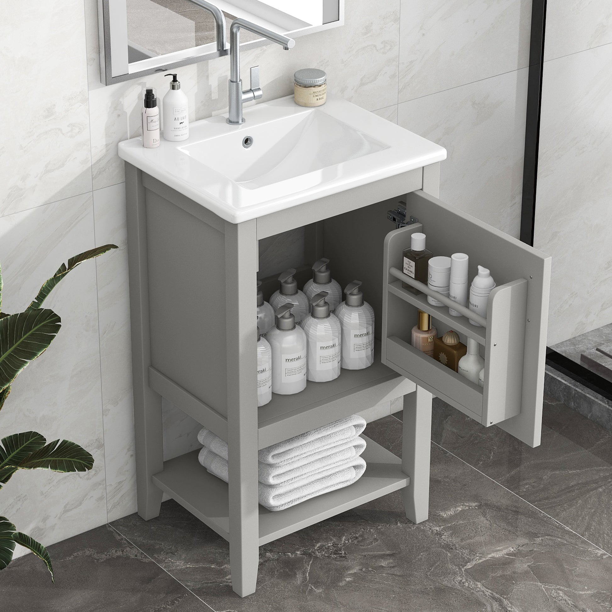 20" Bathroom Vanity With Sink, Bathroom Cabinet With Soft Closing Door, Storage Rack And Open Shelf, Grey Grey Solid Wood Mdf