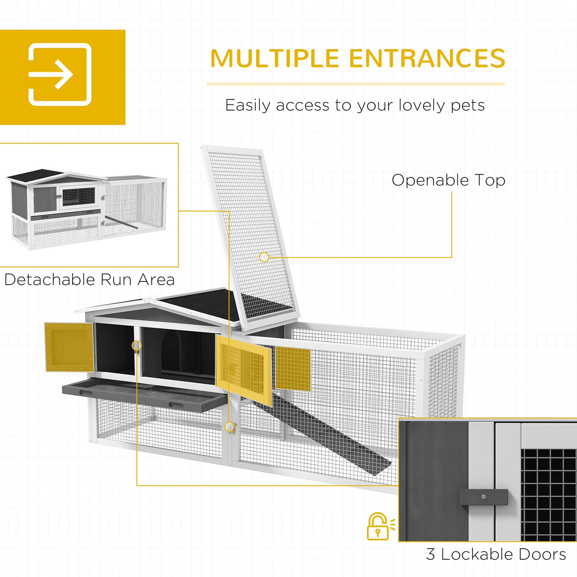 Pawhut Rabbit Hutch 2 Story Bunny Cage Small Animal House With Slide Out Tray, Detachable Run, For Indoor Outdoor, 61.5" X 23" X 27", Light Gray Light Grey Wood