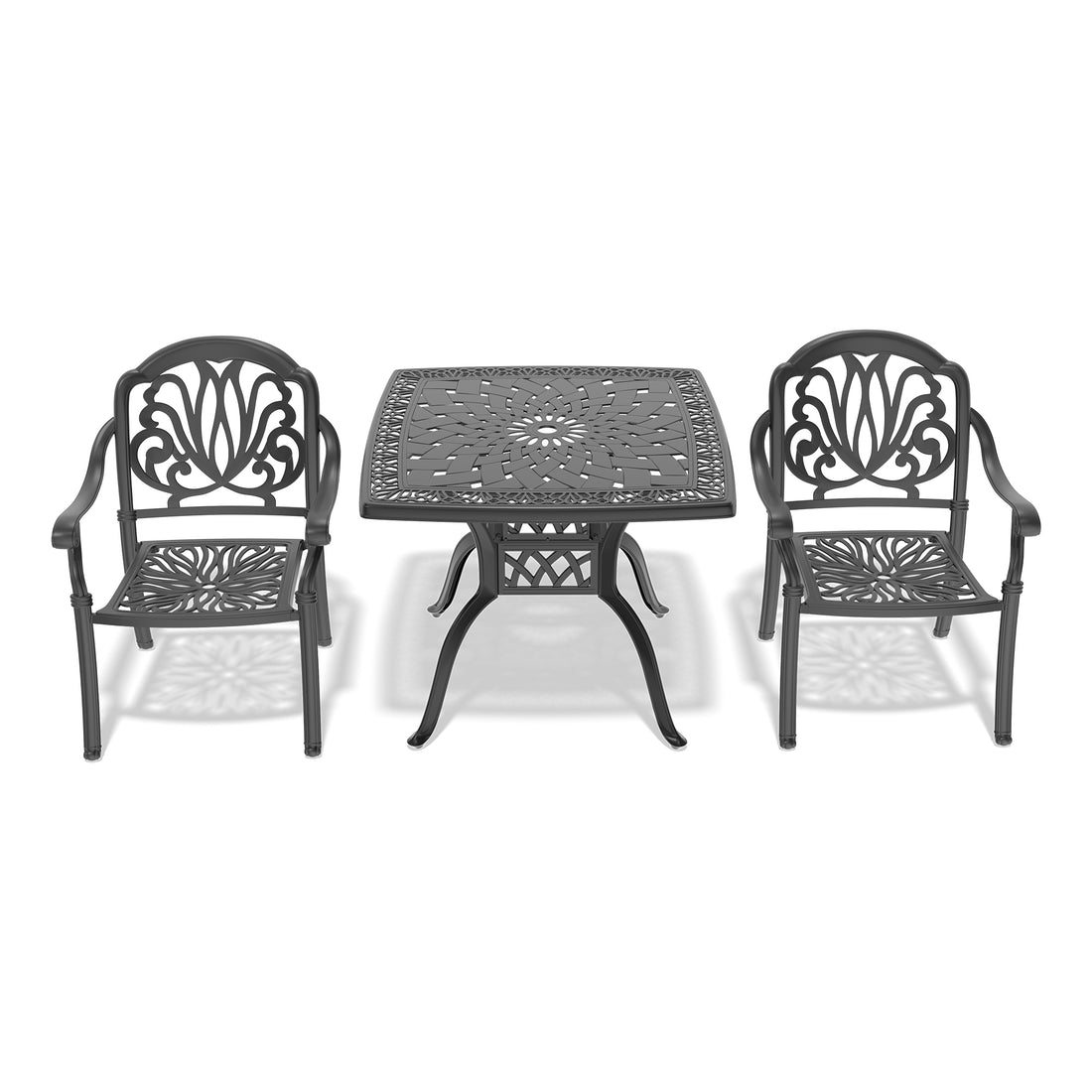 Cushions In Random Colors 3 Piece Set Of Cast Aluminum Patio Furniture With Cushions Yes Dining Set Black Seats 2 Rust Resistant Frame Water Resistant Cushion Garden & Outdoor Complete Patio Sets Aluminium