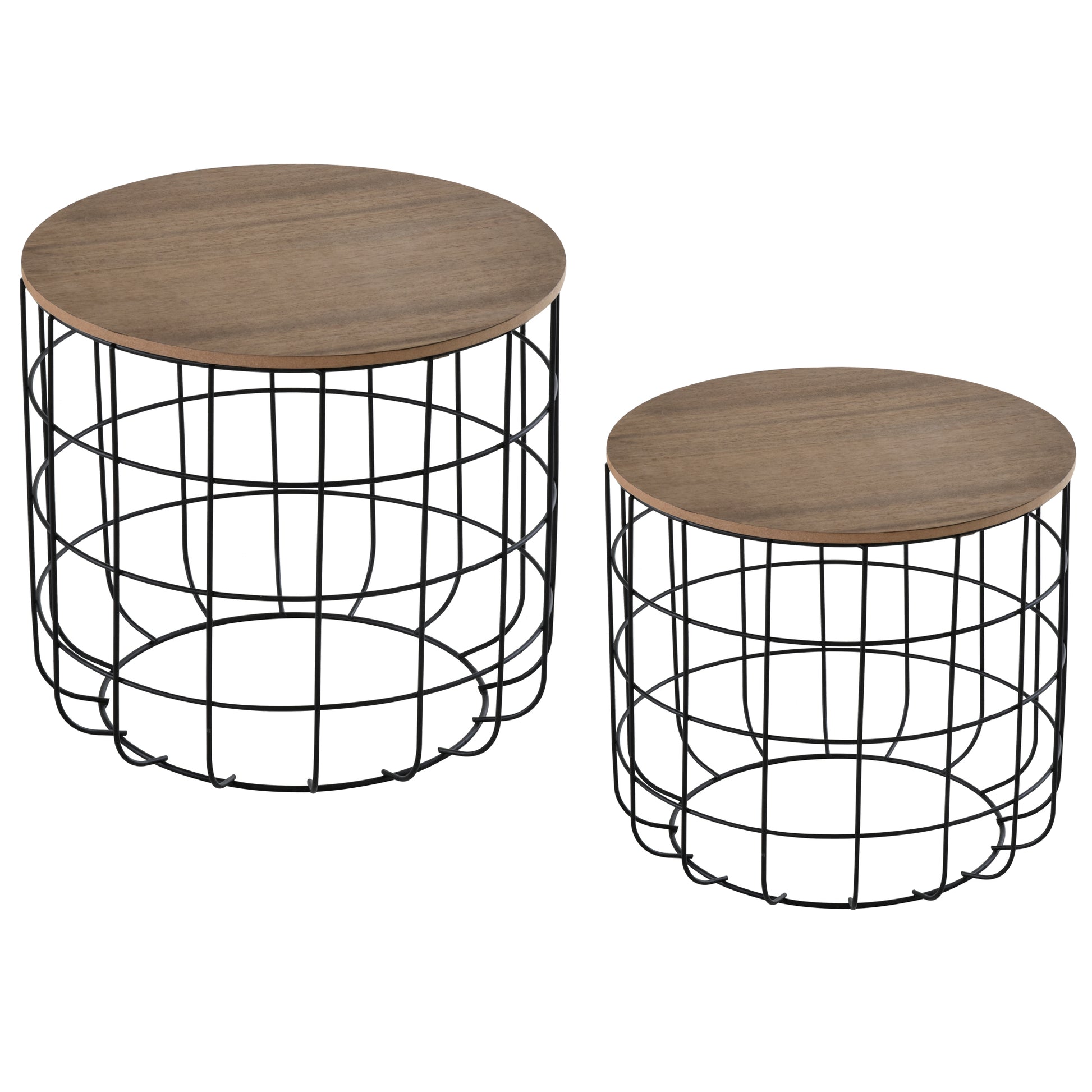 Homcom Round Coffee Table Set Of 2, Industrial End Tables With Extra Storage Space For Living Room, Brown And Black Black Brown Steel