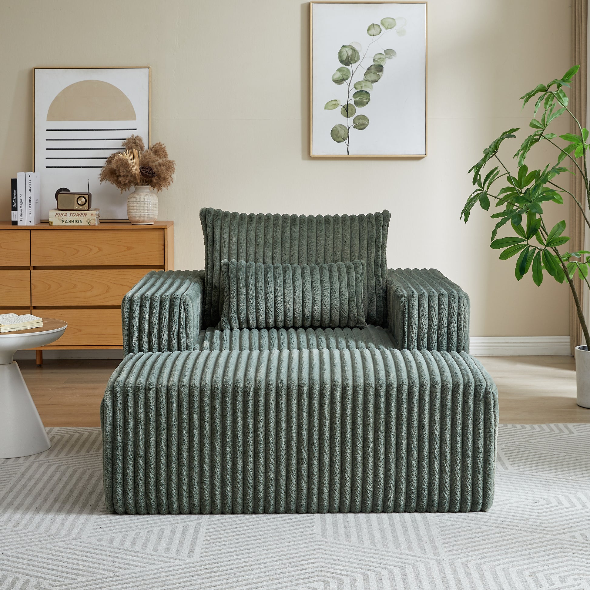 62.5 Inch Corduroy Sponge Sofa Lounge Chair With Removable Footrest,No Assembly Required,Fluffy Modern Sleeper Chair For Indoor Living Room Bedroom Army Green Foam Corduroy 1 Seat