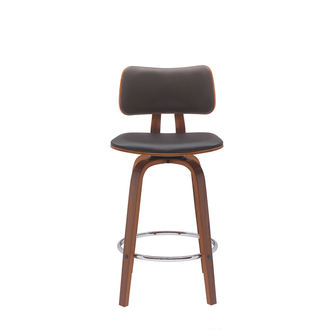 Pino 26 Inch Swivel Counter Stool Chair, Faux Leather, Walnut Brown Wood Brown Leather