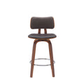 Pino 26 Inch Swivel Counter Stool Chair, Faux Leather, Walnut Brown Wood Brown Leather