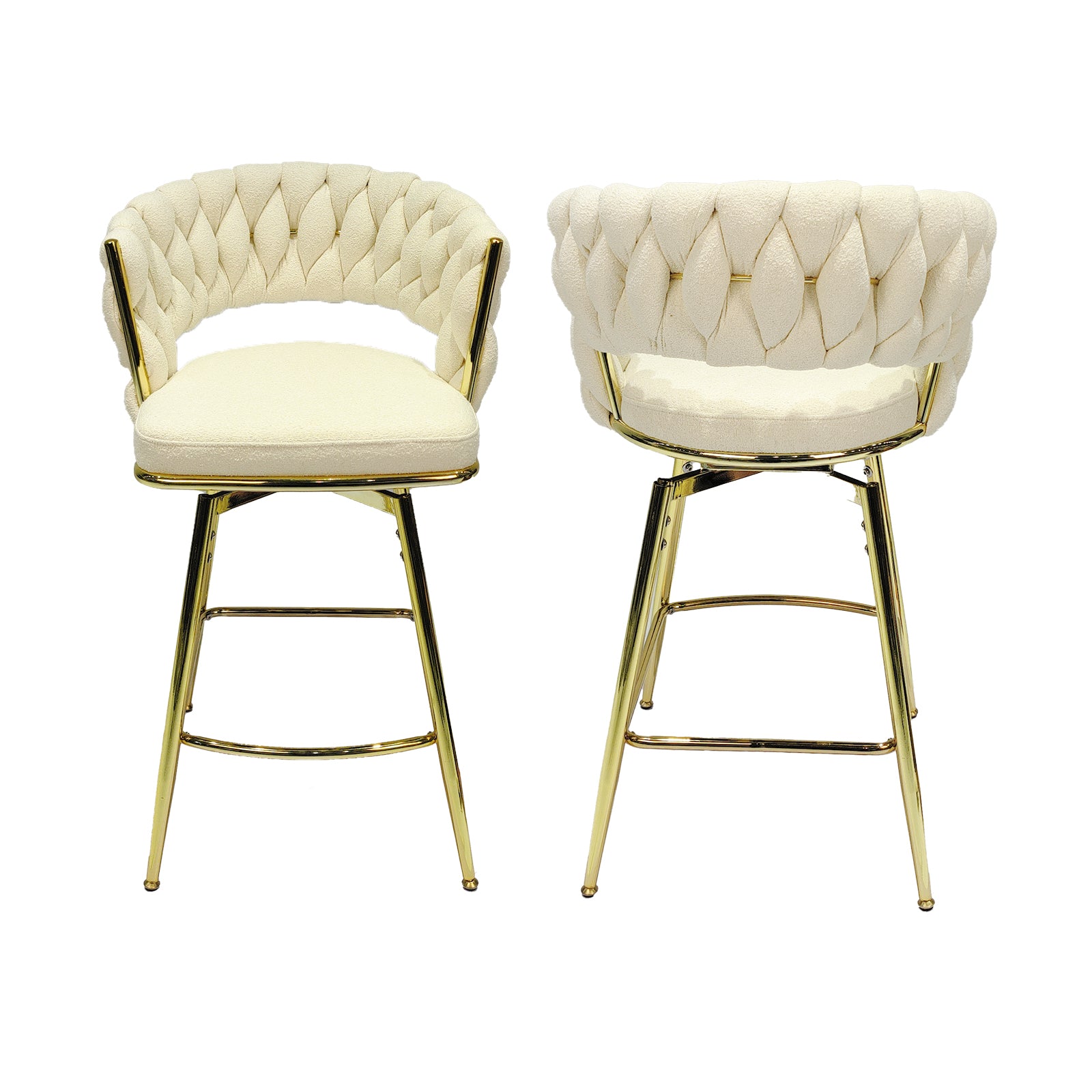 Bar Chair Toweling Woven Bar Stool Set Of 2,Golden Legs Barstools No Adjustable Kitchen Island Chairs,360 Swivel Bar Stools Upholstered Counter Stool Arm Chairs With Back Footrest, White White Foam Linen