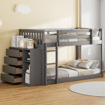 Twin Over Twin Bunk Bed With 4 Drawers And 3 Shelves Gray Twin Gray Solid Wood