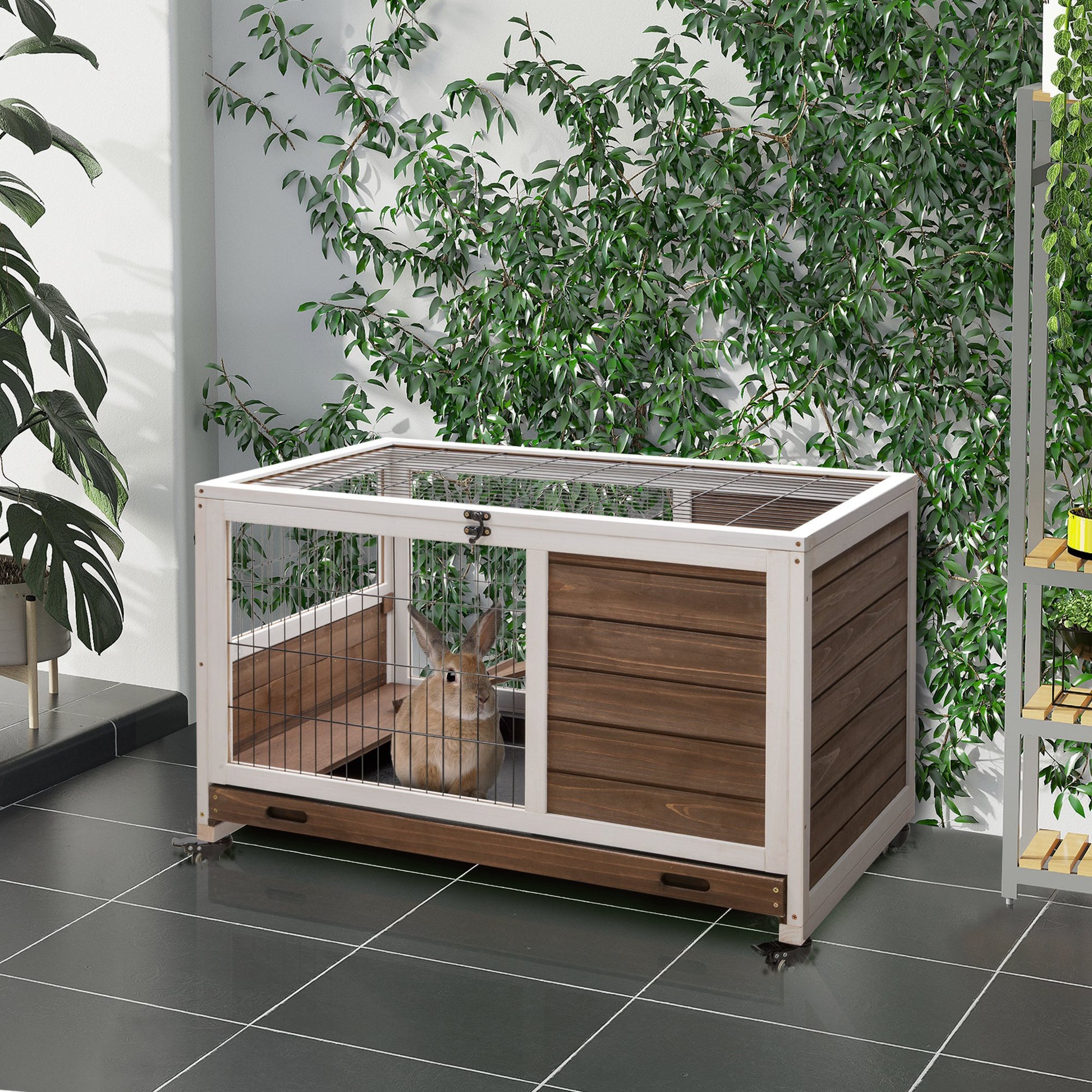 Pawhut Wooden Rabbit Hutch Indoor Outdoor, Elevated Bunny Cage With No Leak Tray Enclosed Run With Wheels, Ideal For Guinea Pigs And Small Animals, Brown Brown Wood