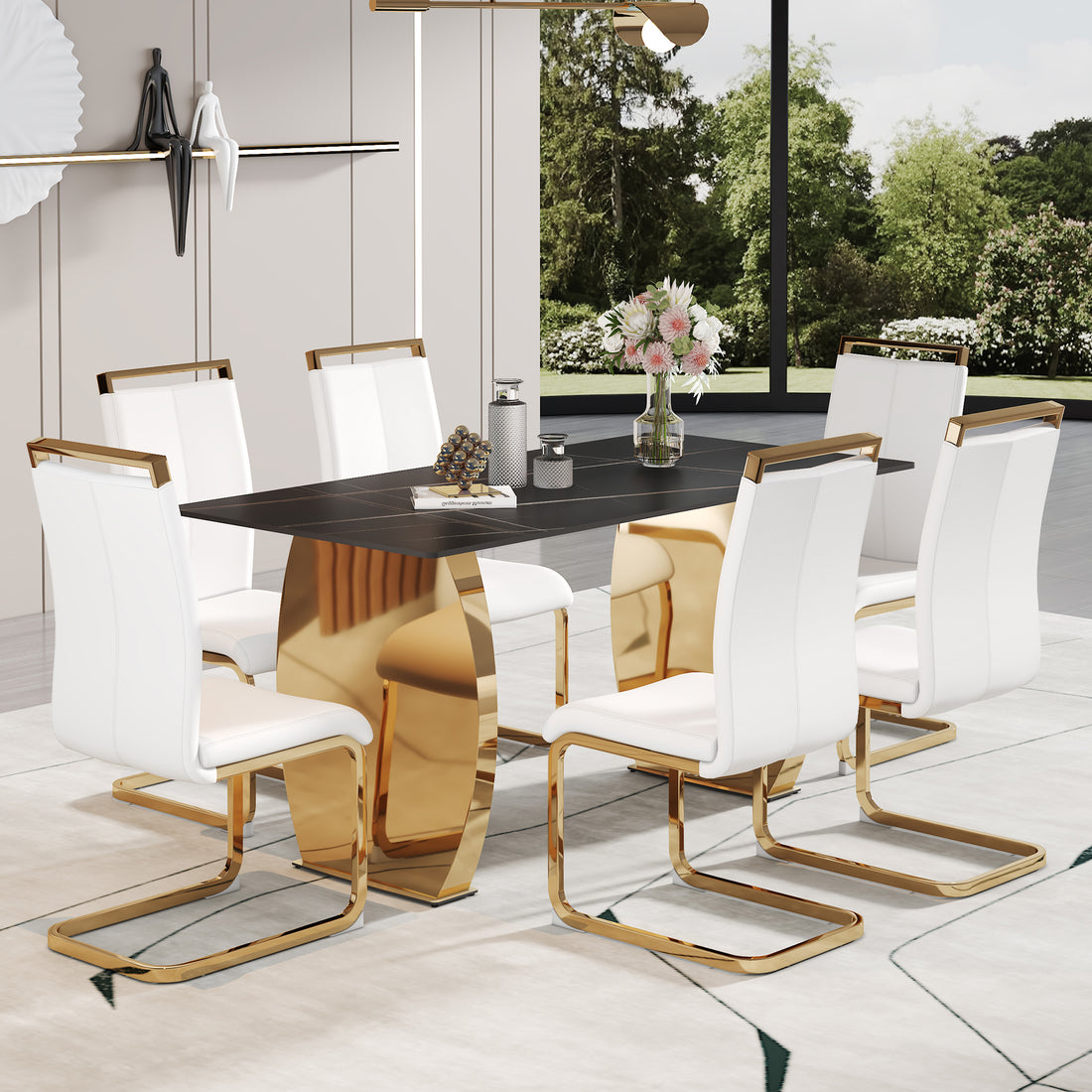 Table And Chair Set,Modern Rectangular Table With 0.4 Inch Black Patterned Tabletop And Gold Legs, Suitable For Kitchen, Dining Room, And Living Roomcomfortable Pu Seats,Perfect For Dinner, Meet White Black Seats 6 Sintered Stone