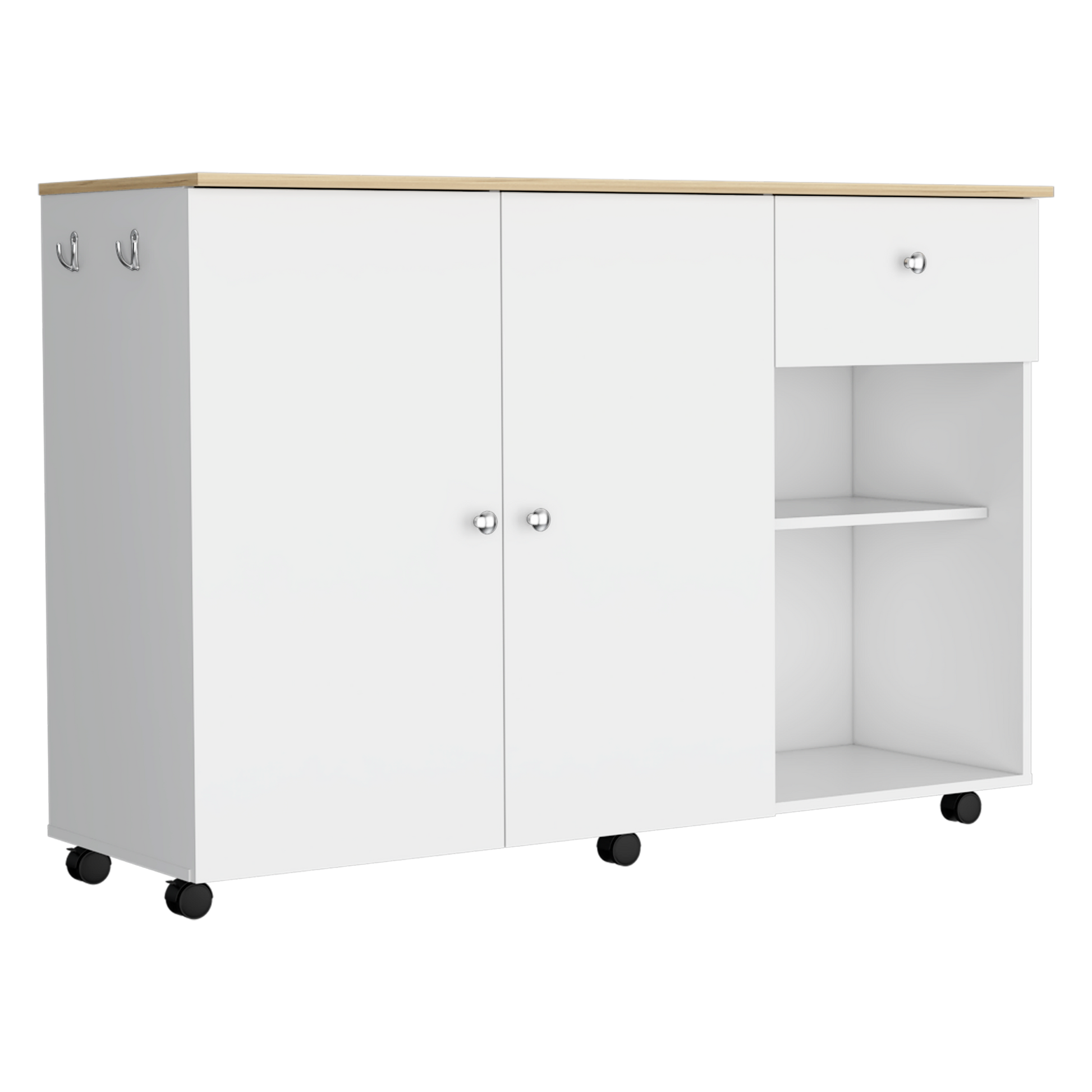 Kitchen Island Cart, Six Carter, One Drawer, Double Door Cabinet, Two External Shelves, Four Interior Shelves, White Pine Multicolor Solid Wood Mdf Engineered Wood