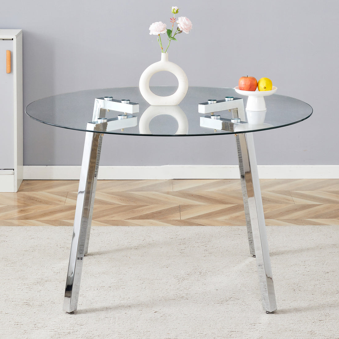 Modern Luxurious Round Tempered Glass Dining Table With Silver 7 Shaped Metal Legs,Suitable For Family Meals, Office Conferences, Or As A Casual Coffee Table For Various Occasions.47.3*47.3*29.5