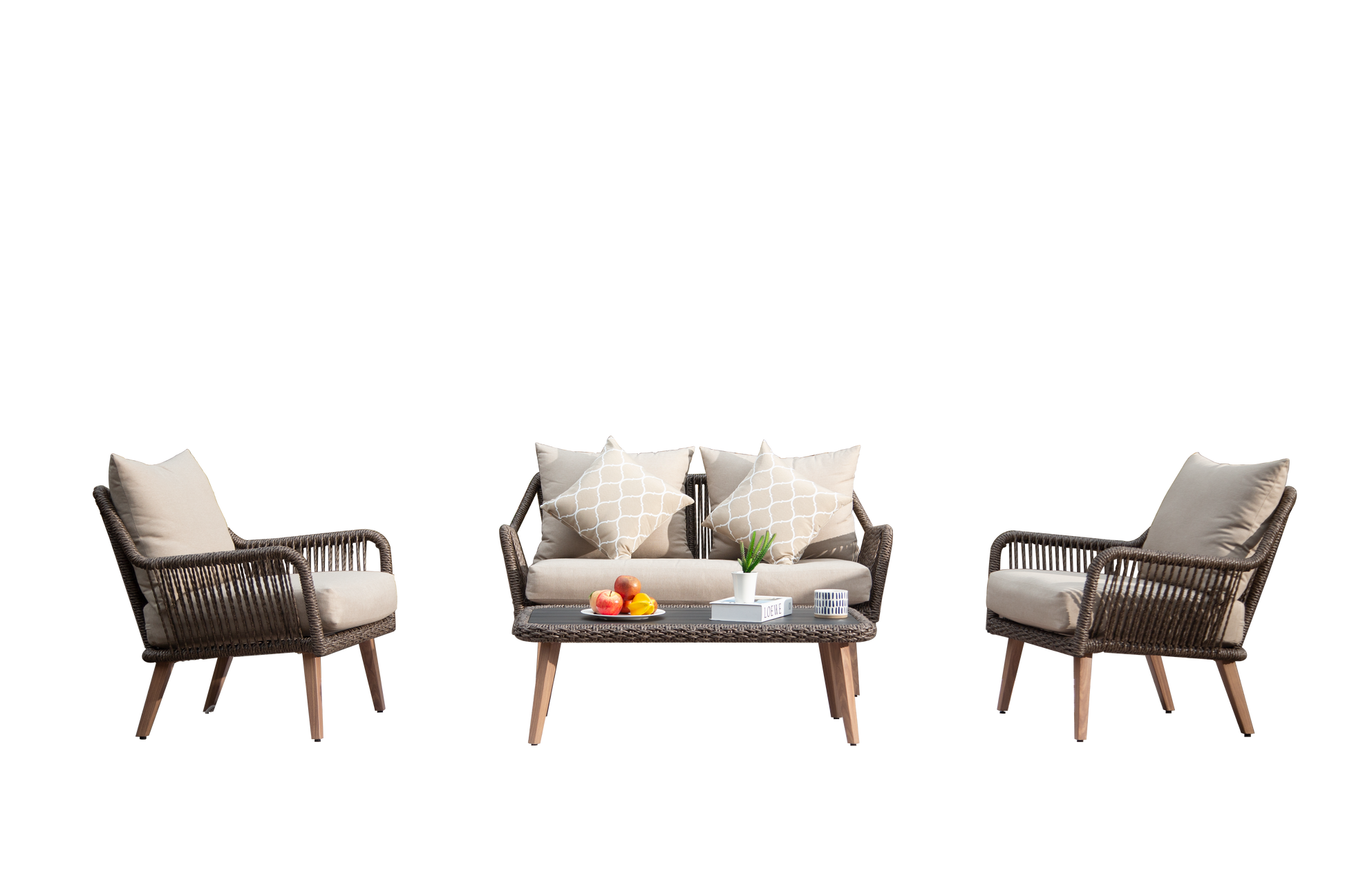 Patio Conversation Sets 4 Pieces, Handwoven Rattan Wicker Aluminum Frame Outdoor Patio Set, All Weather Modern Rope Patio Loveseat With Coffee Table For Garden Balcony Deck Poolside Porch Khaki Yes Khaki Garden & Outdoor Multiple Chairs Seating Group