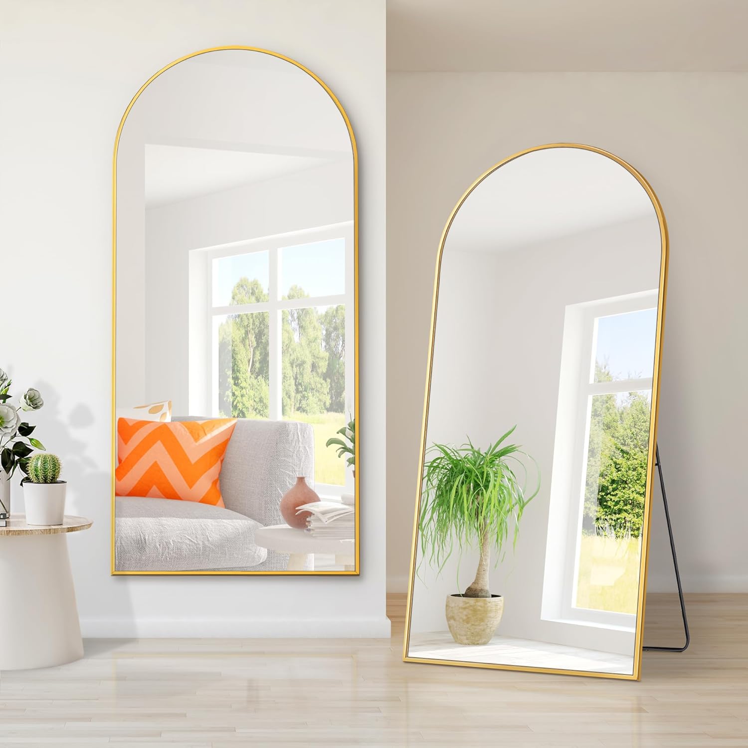 Dolonm Arched Full Length Mirror With Stand, 71"X32" Aluminum Alloy Body Mirror, Shatter Proof Glass Made, Free Standing, Leaning, Wall Mounted Mirror For Bedroom, Dressing Room And Living Room, Gold Golden Mirror