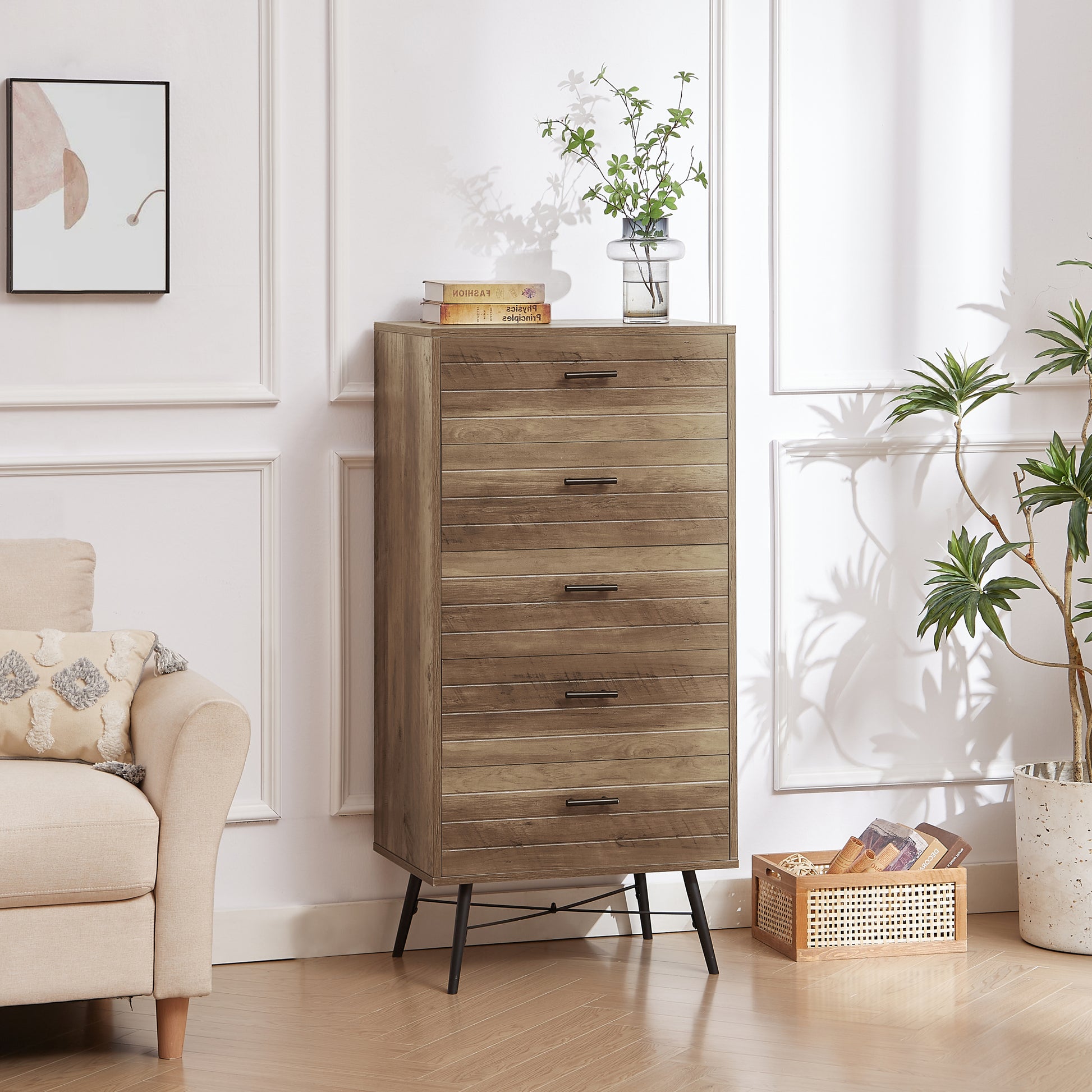 5 Drawer Chest Spacious And Stylish Chest Of Drawers, Dresser For Bedroom, Closet, Hallway, 23.6"W X 15.7"D X 48"H, Rustic Walnut Chest 5 Or More Drawers Walnut Brown Brown Bedroom Rustic,Vintage Particle Board