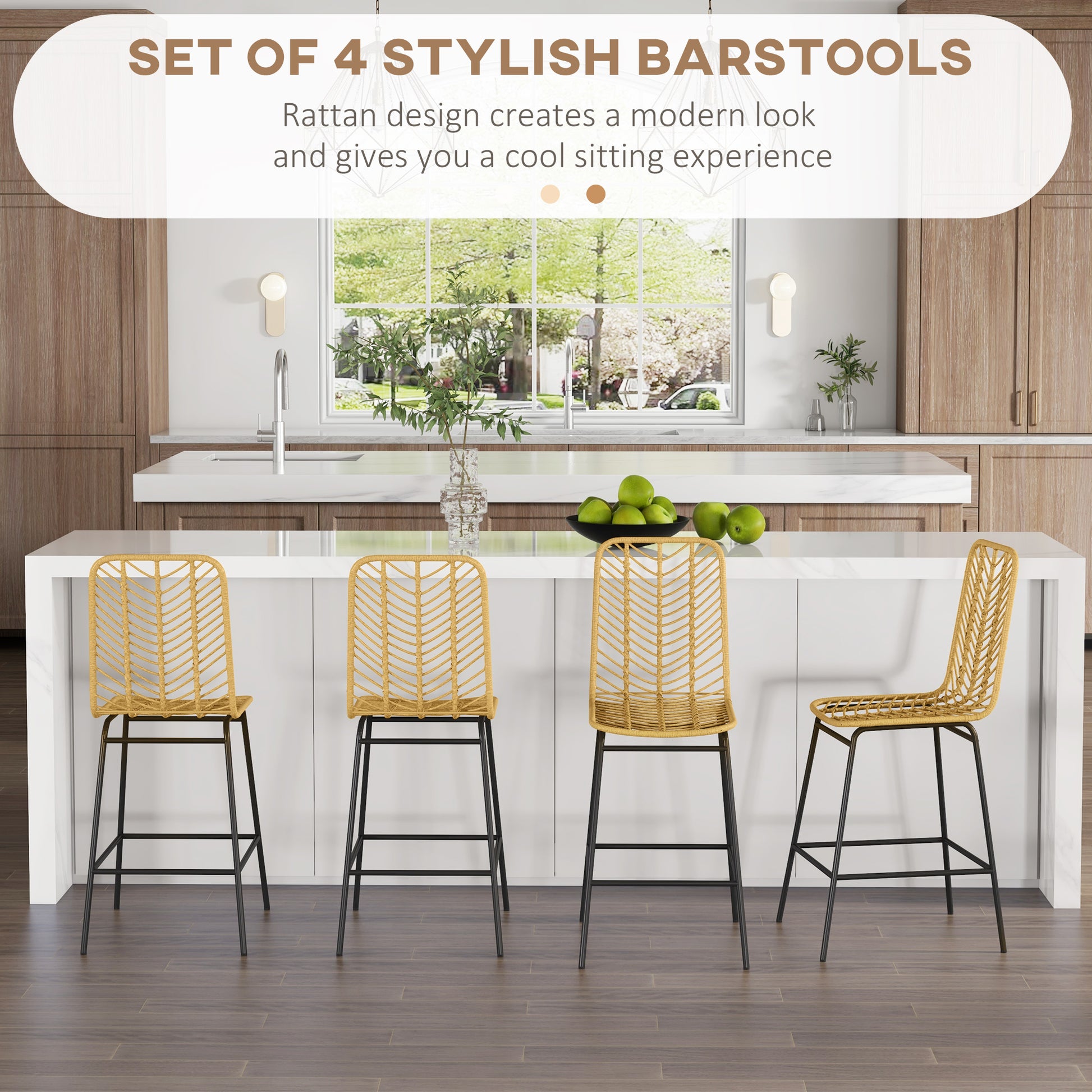 Homcom Rattan Bar Stools Set Of 4, 26" Counter Height Barstools, Boho Kitchen Island Stools Withwicker Seat And Back, Yellow Yellow Rattan