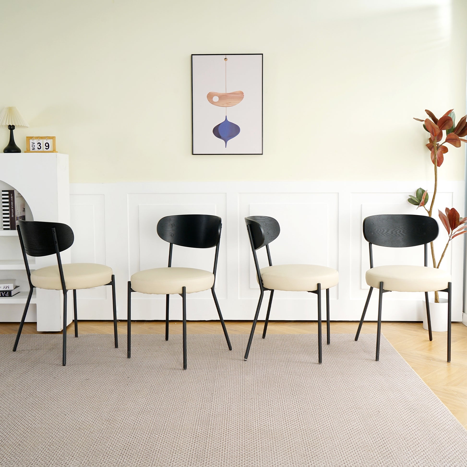 Modern Grey Simple Pu Dining Chair Upholstered Chair Family Bedroom Stool Back Dressing, White Round Table Set, Bentwood Covered With Ash Veneer Chair Back, Chair Black Metal Legs Set Of 5 White Mdf