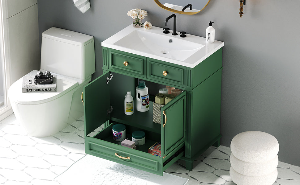 30'' Bathroom Vanity With Resin Sink, Solid Wood Frame Bathroom Storage Cabinet With Soft Closing Doors, Retro Style, Green Same As Sw000118Aaf Green Bathroom Modern Solid Wood Mdf Resin