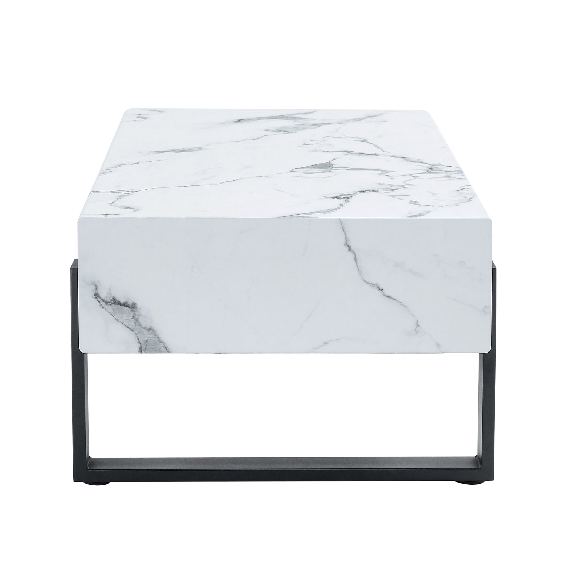 47.2"X23.6" Black And White Minimalist Mdf Marble Patterned Coffee Table.White Marble Pattern Sticker,Black Metal Leg Spray Coating,Mdf Coffee Table.Showcasing A Modern And Simple Style. White Black