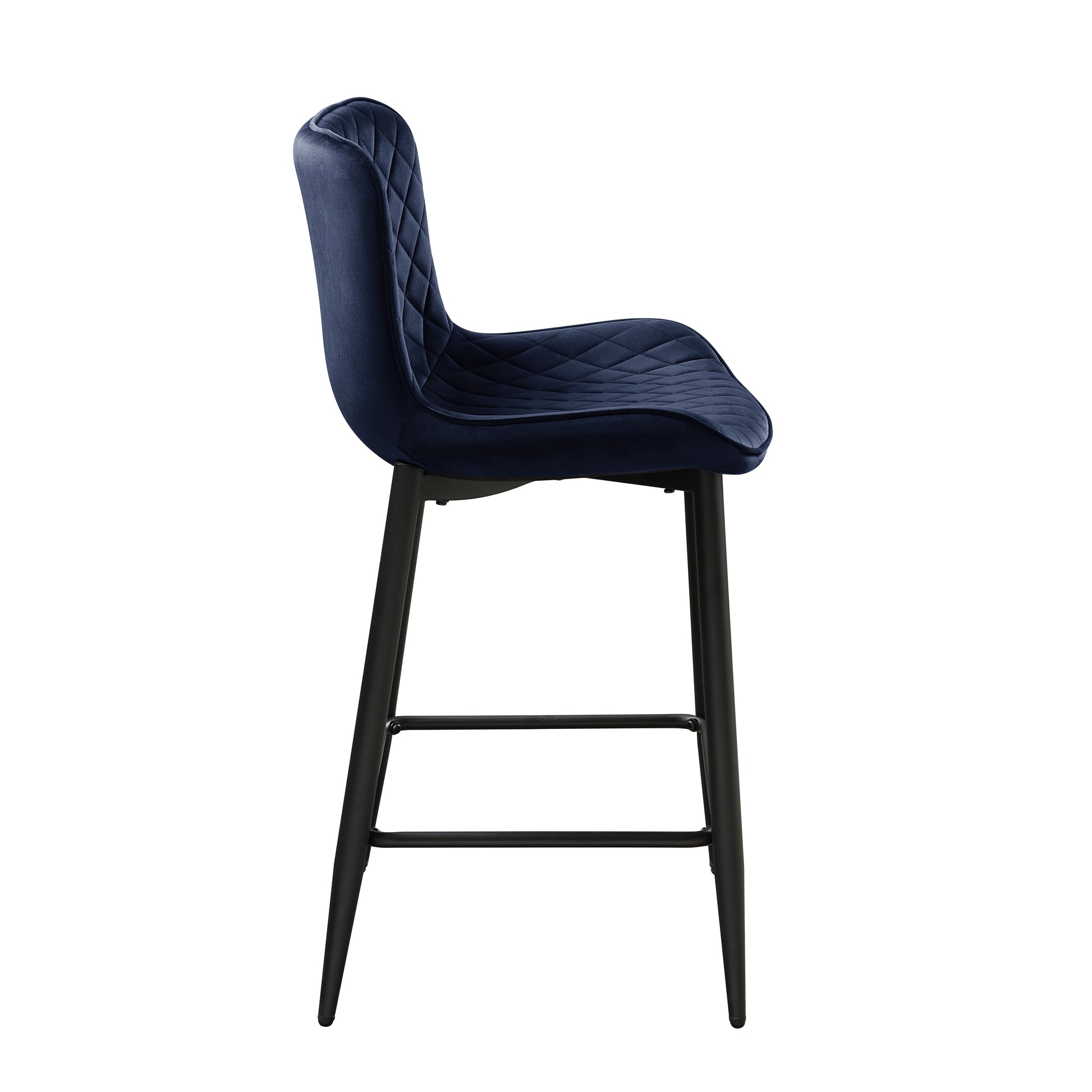 Set Of 2 Counter Height Chairs Dark Blue Velvet Upholstery Modern Casual Dining Furniture Metal Legs, 24 Inch Seat Blue Metal