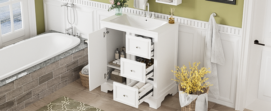 30 Inch Bathroom Vanity Cabinet With Ceramic Basin, 3 Drawers And Adjustable Shelves White Bathroom Solid Wood Mdf