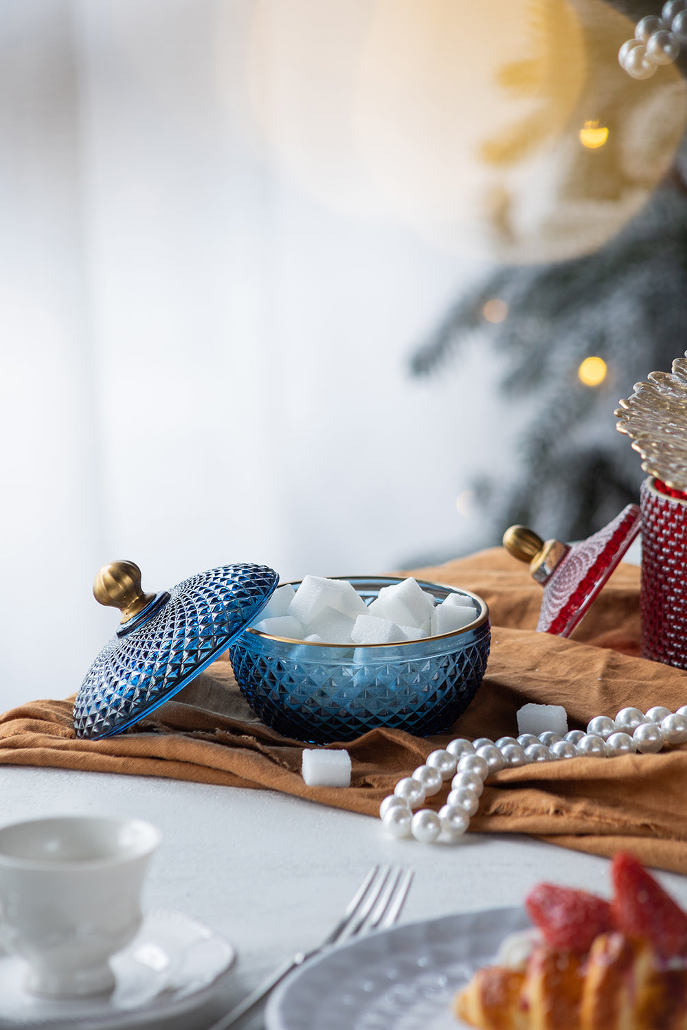 S 2 Glass Candy Jar With Lid, Christmas Candy Jar Containers, Blue Gold Blue Glass